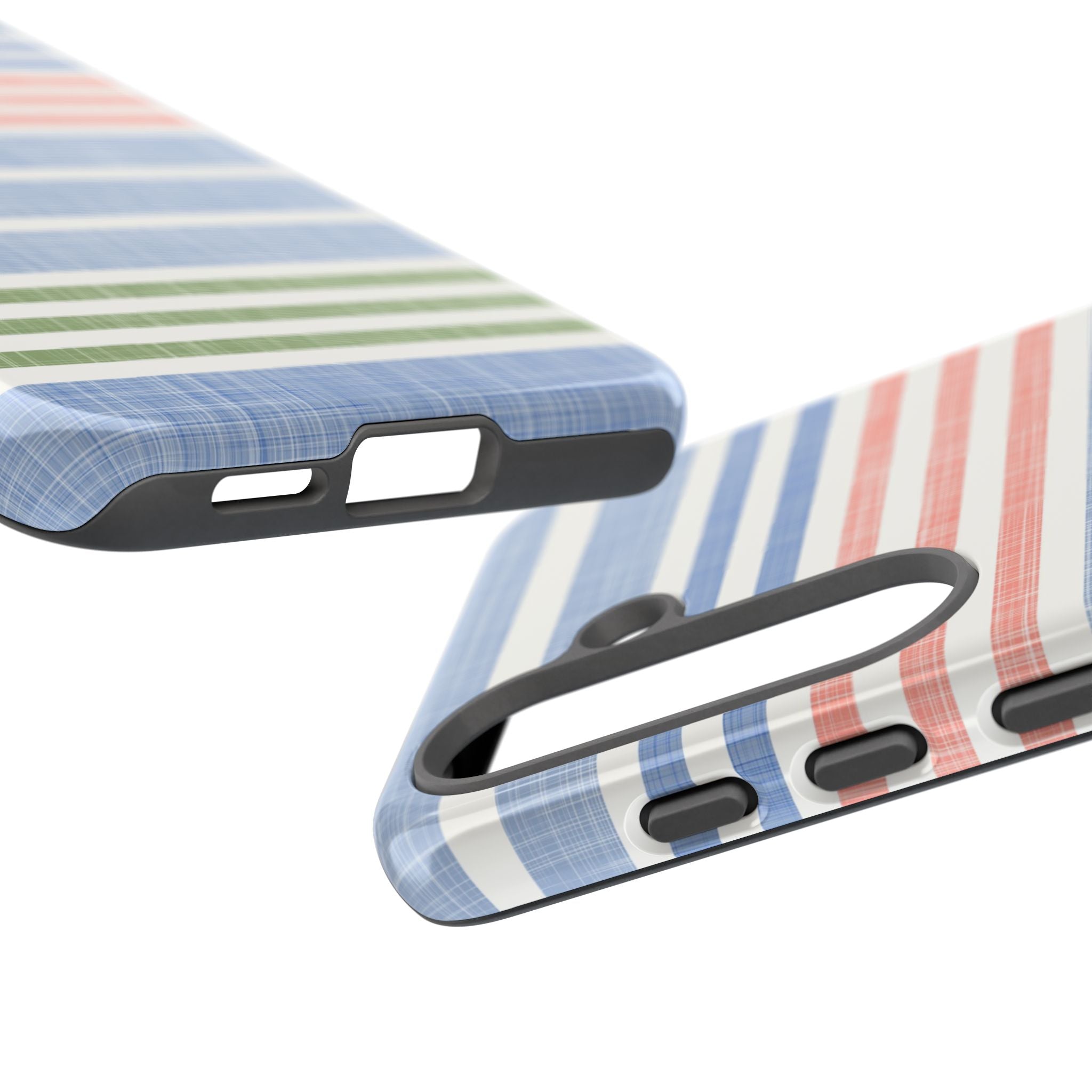 Cabana Stripe Pastel Samsung Galaxy S26 Case – two duplicate cases showing ports, camera cutout space, and buttons | soft blue, coral, sage green chambray-textured stripe print dual-layer protection