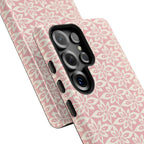 Lily Pastel Pink Samsung Galaxy S25 Ultra Glossy case — side angled view showing camera cutout and buttons — graphic white lily on pastel pink by Kate Spain