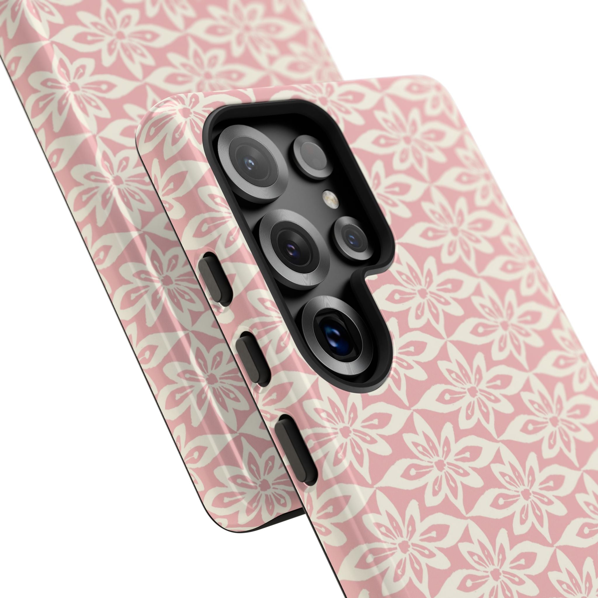 Lily Pastel Pink Samsung Galaxy S25 Ultra Glossy case — side angled view showing camera cutout and buttons — graphic white lily on pastel pink by Kate Spain