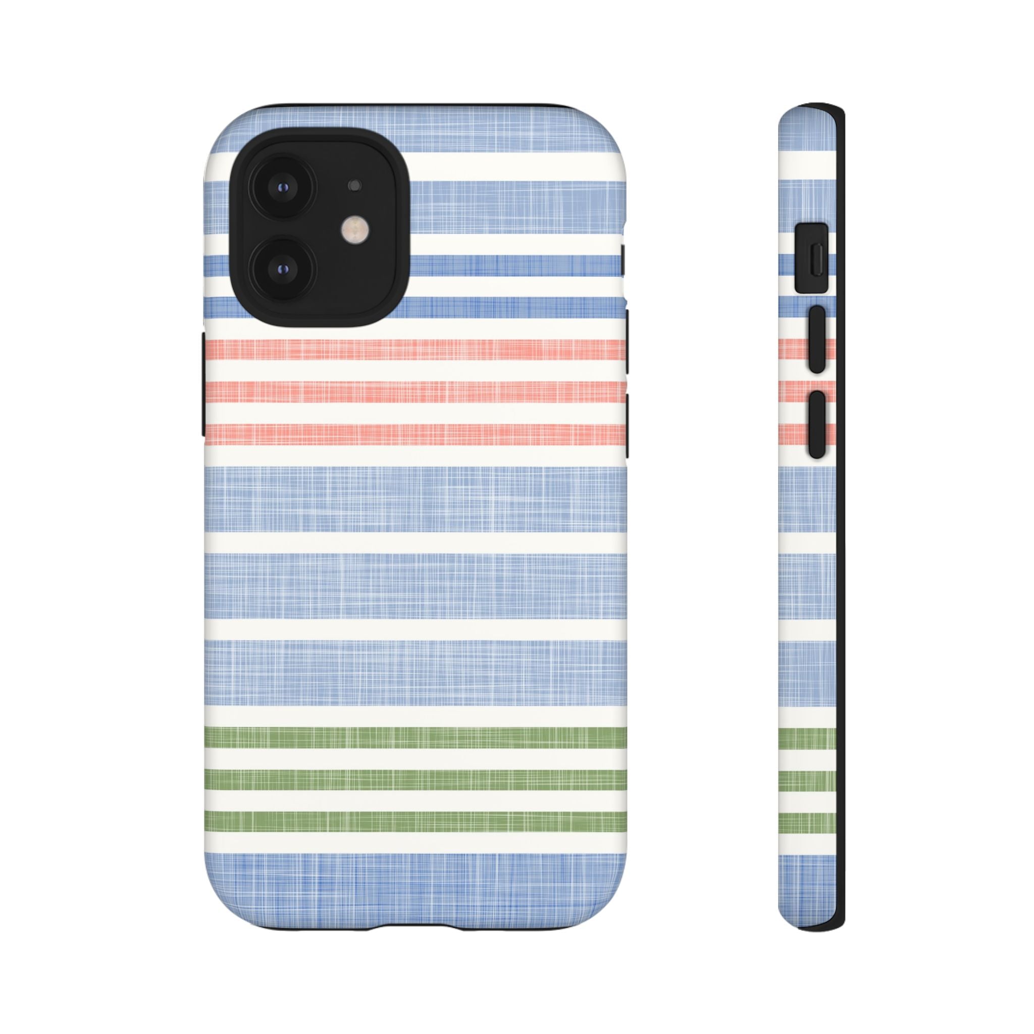 Cabana Stripe Pastel Tough iPhone 12 Mini Case – Matte | soft blue, coral, sage green chambray-textured stripe print dual-layer protection