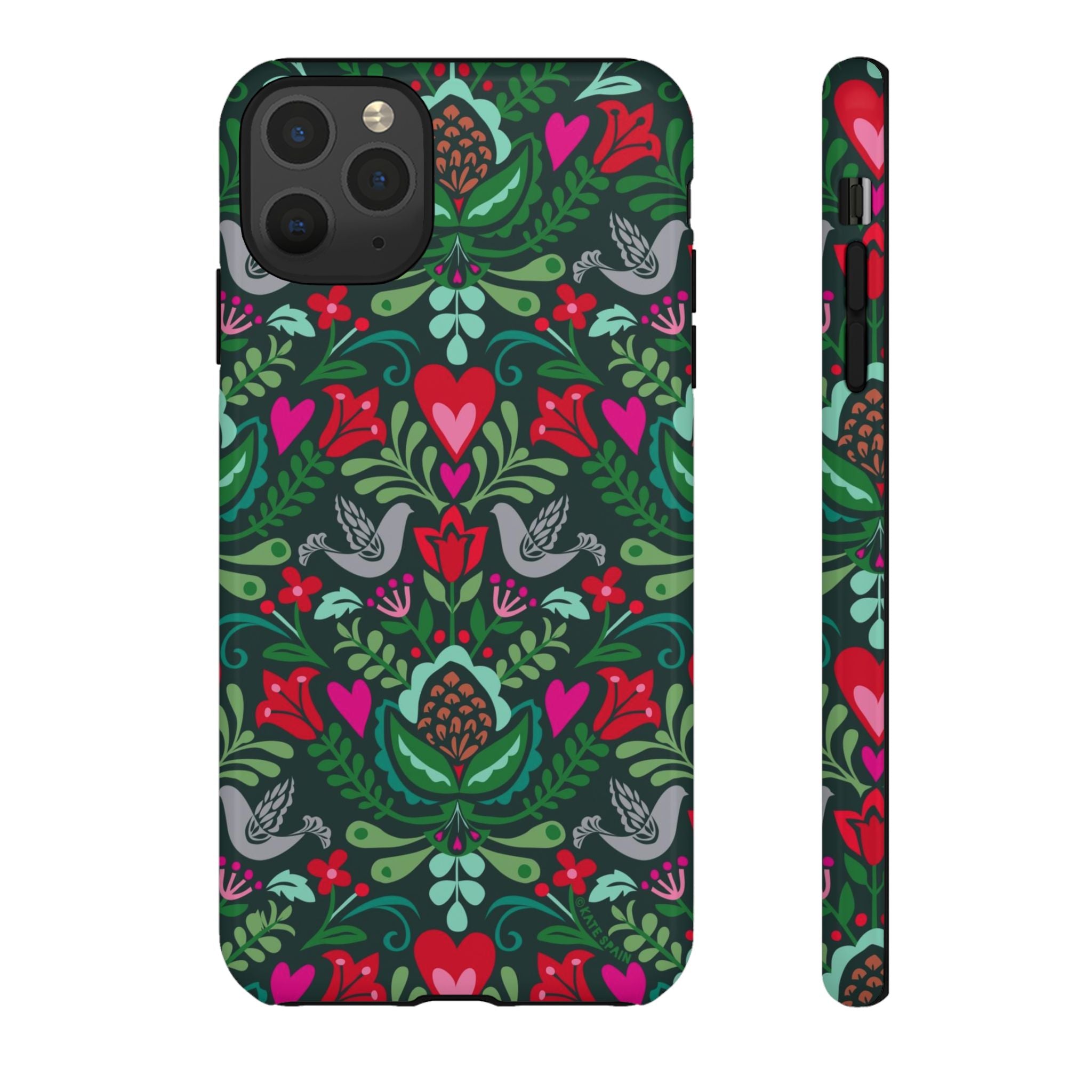 Rosemaling Tough iPhone 11 Pro Max Case – Glossy | dark green, red, pink, gray folk art floral bird print