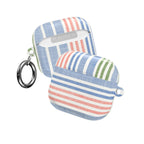 AirPods Gen 4 case – Glossy | soft blue, coral, and sage green chambray stripe print — side view with keychain ring attached