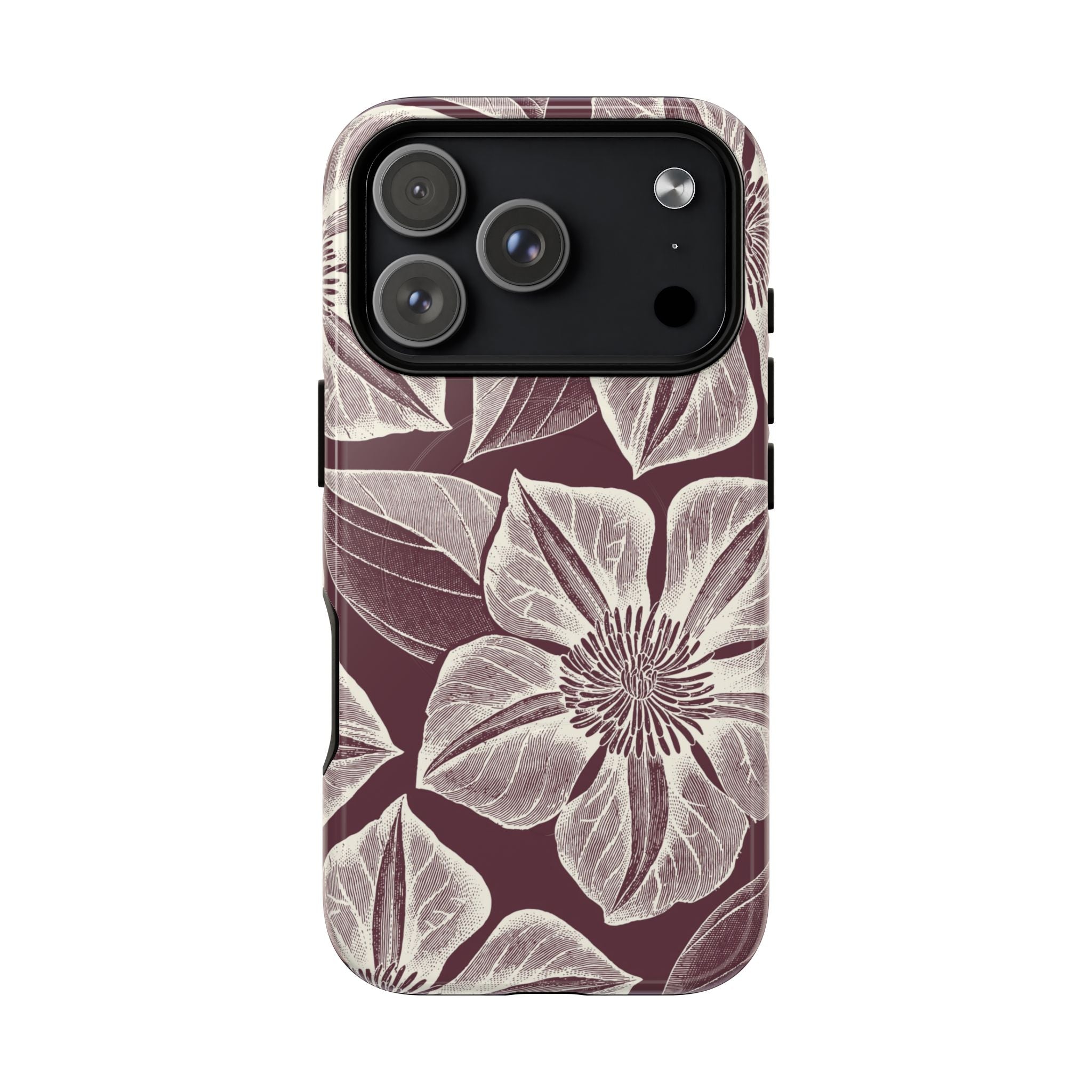 Vintage Bloom Burgundy MagSafe iPhone 17 Air Case – Glossy | burgundy ground, large-scale cream clematis print, engraved petal detail, dual-layer protection