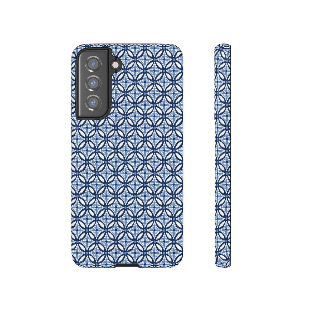 Light blue Samsung Galaxy case with navy and periwinkle ikat geometric pattern — botanical phone case by Kate Spain for Floriori