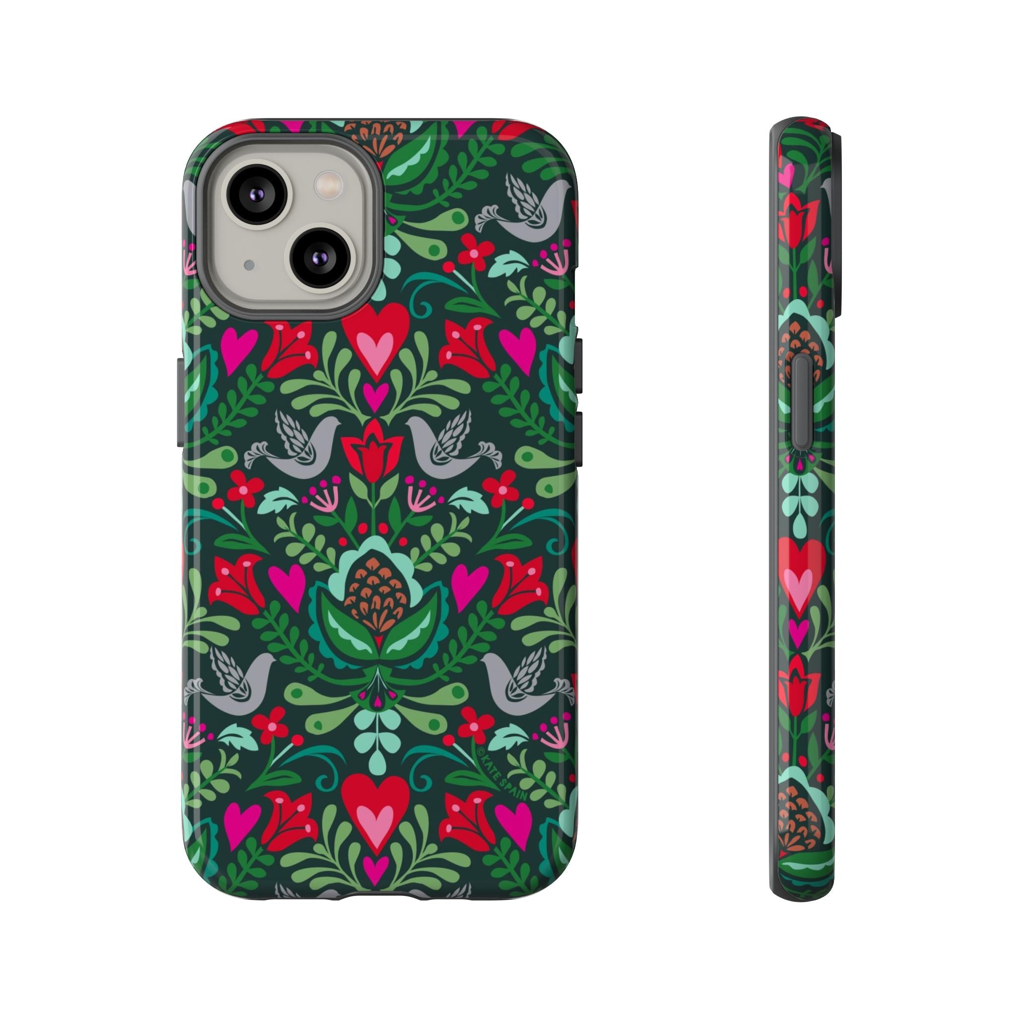 Rosemaling Tough iPhone 14 Case – Glossy | dark green, red, pink, gray folk art floral bird print