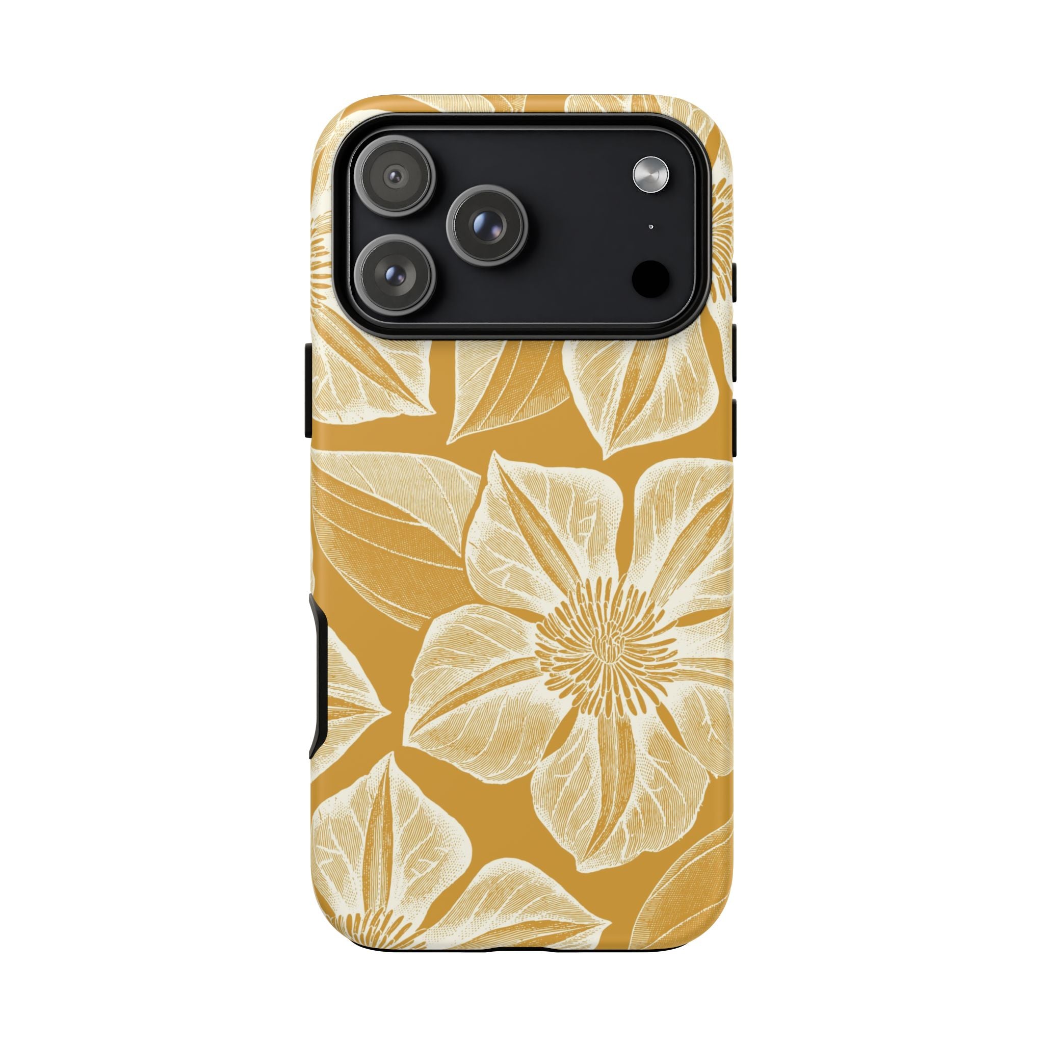 Vintage Bloom Gold iPhone 17 Pro Max case – Matte | gold ground, large-scale cream clematis print, engraved petal detail, dual-layer protection