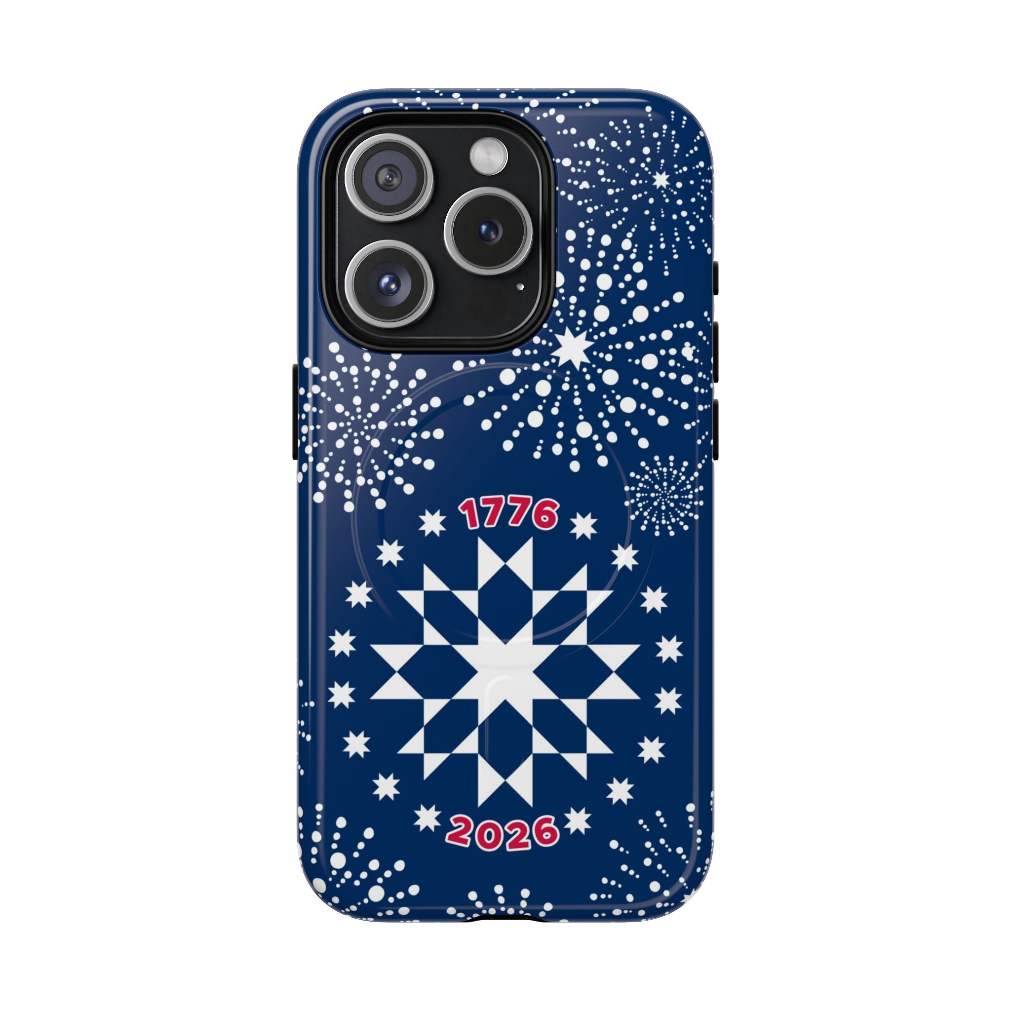 250th Fireworks MagSafe iPhone 15 Pro Case – Glossy | navy, white patriotic star quilt fireworks print