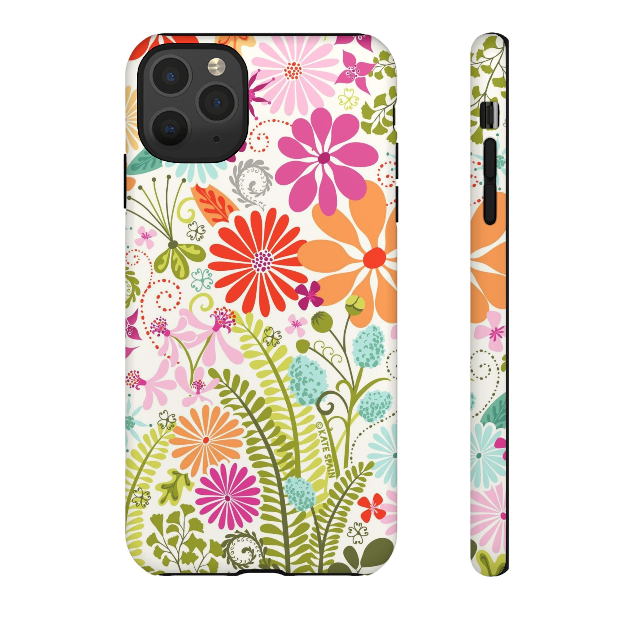 Luxury Terrain Tough iPhone 11 Pro Case – detail view | white, magenta, coral botanical woodland floral print
