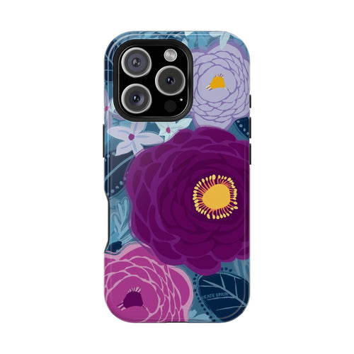 Bloomerie MagSafe iPhone 16 Pro Max Case – Glossy | navy, purple, magenta botanical peony floral print