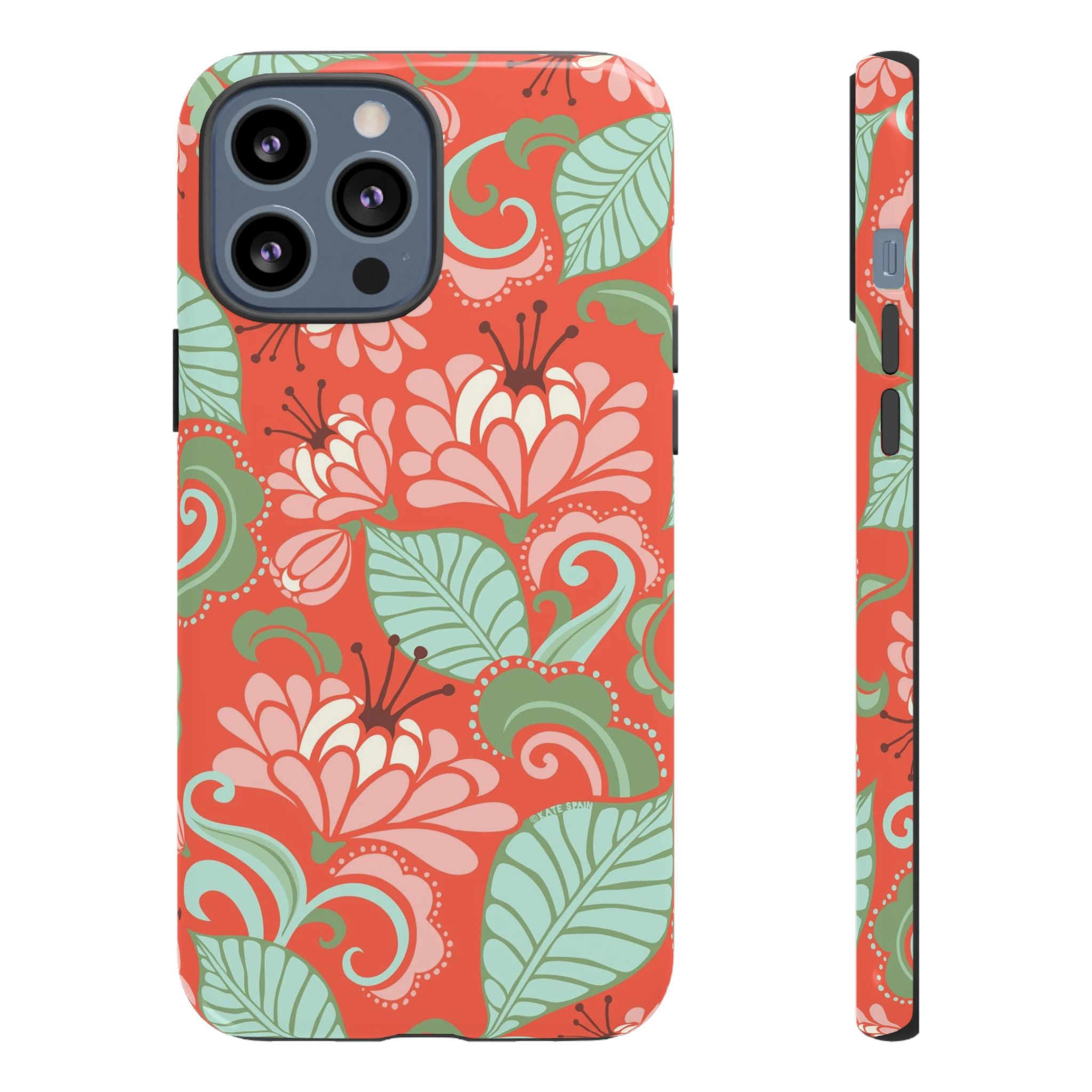Sarabande Tough iPhone 13 Pro Max Case – Glossy | coral, pink, cream, green botanical floral print