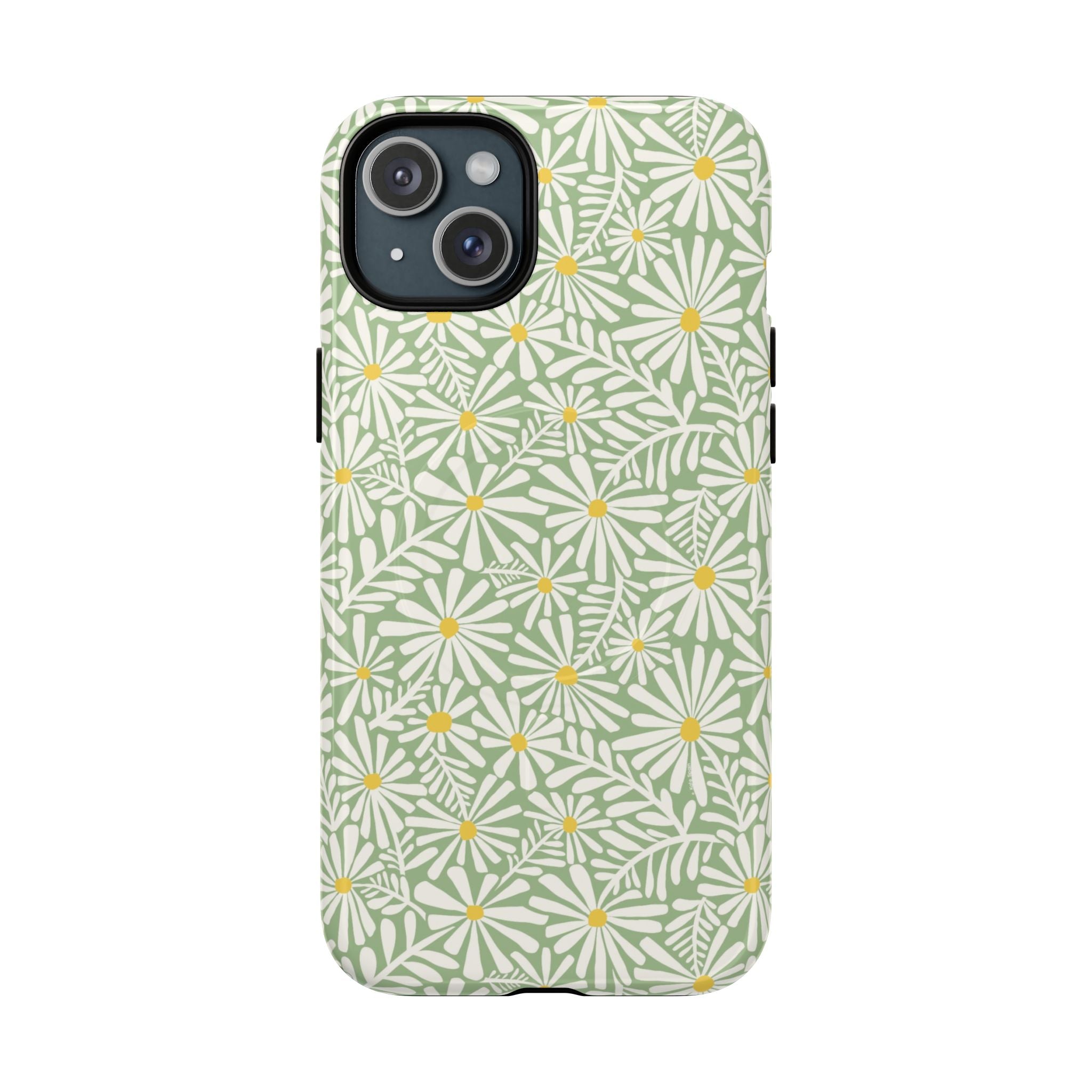 Montauk Daisy Meadow Green MagSafe iPhone 15 Plus Case – Glossy | sage green, white graphic daisy and fern print, golden yellow centers MagSafe compatible, dual-layer protection