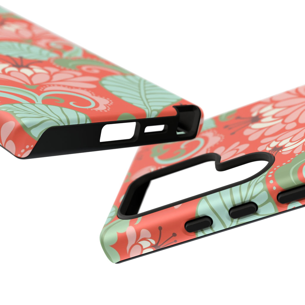 Designer Sarabande Samsung Galaxy S24 Ultra Case – Glossy | close-up of sides, buttons, and ports in case in coral, blush, mint tropical floral print