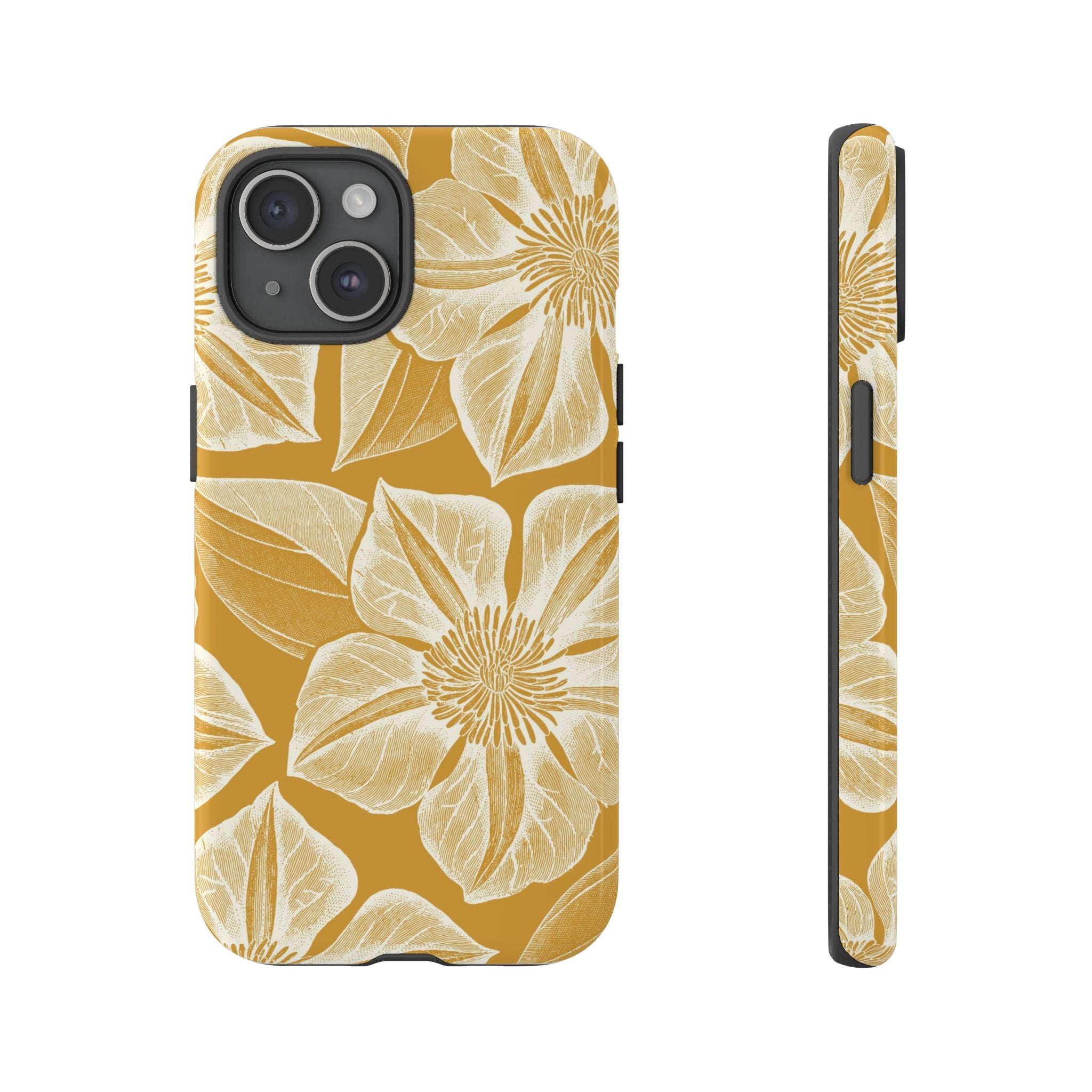 Vintage Bloom Gold iPhone 15 case – Glossy | gold ground, large-scale cream clematis print, engraved petal detail, dual-layer protection