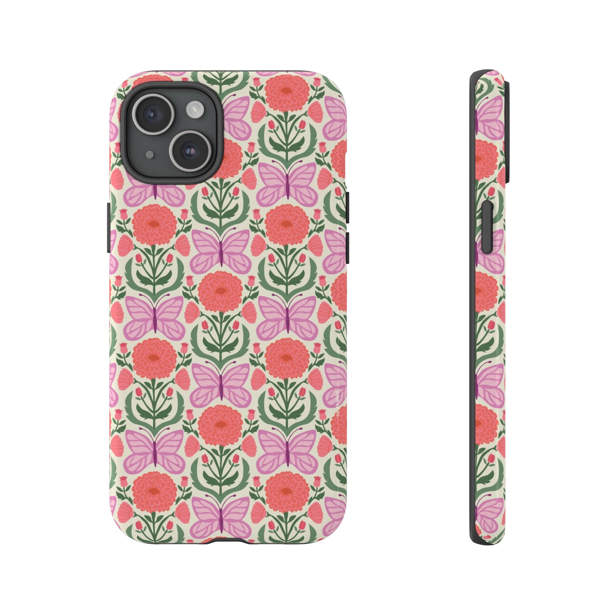 Pink Butterfly Tough iPhone 15 Plus Case – Glossy | pink, coral, green, cream butterfly floral print