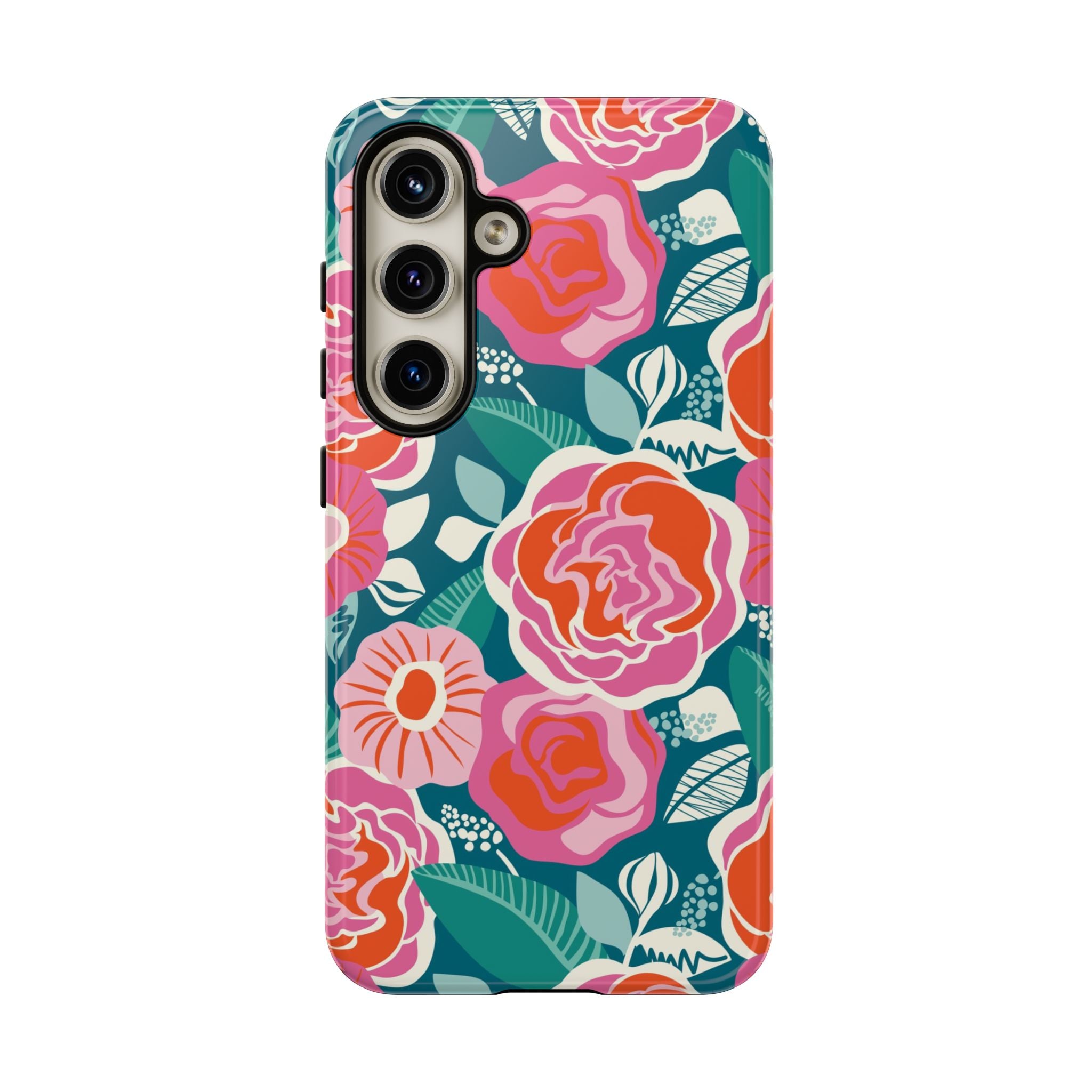 Luxury Tea Rose Teal Samsung Galaxy S24 Case – Glossy | teal, coral, pink botanical rose floral print