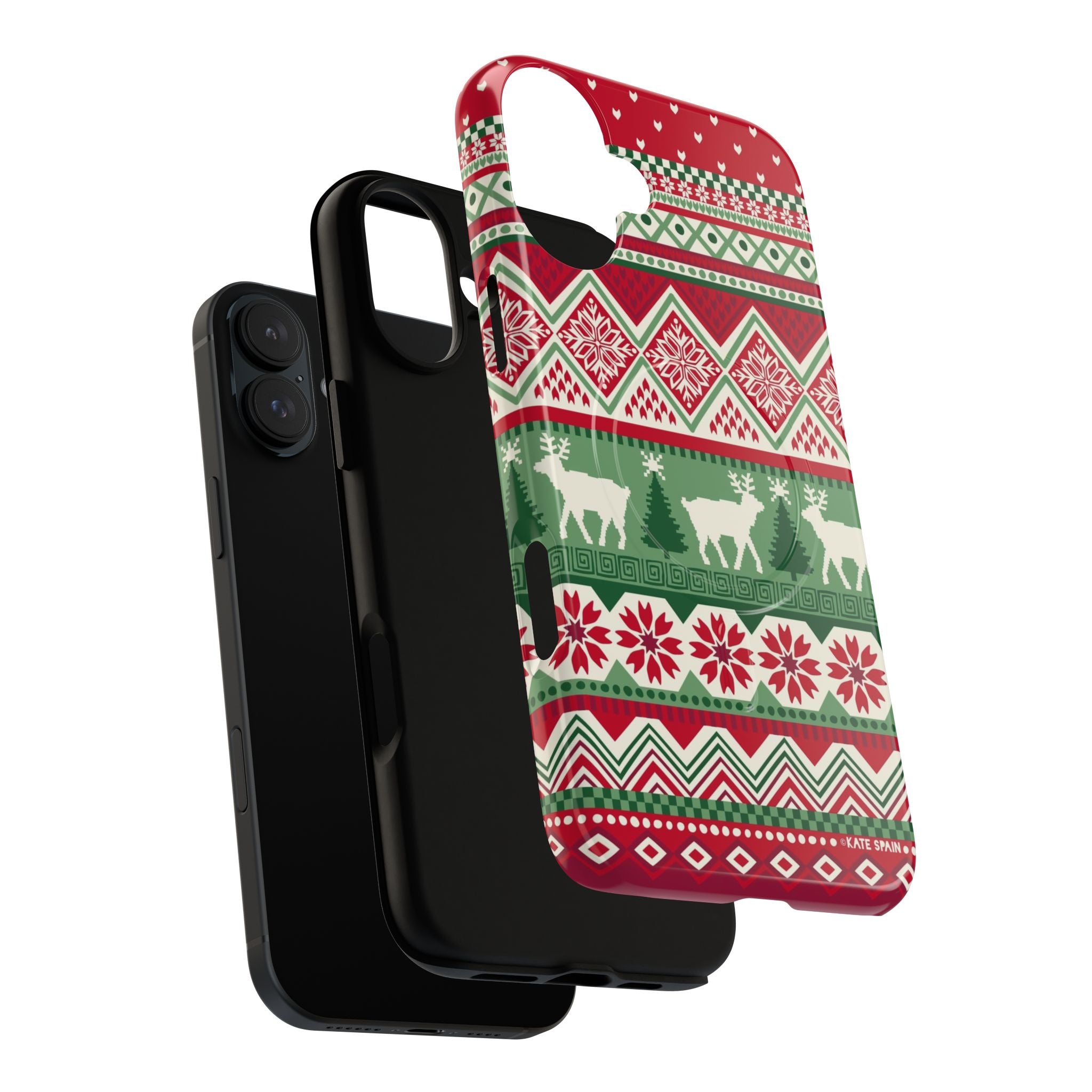 Telemark MagSafe iPhone 17 Case – Dual-layered view of case and inner lining in front of phone, with view of camera cutout and buttons | red, green, and cream fair isle Christmas sweater print with snowflakes, reindeer, and trees