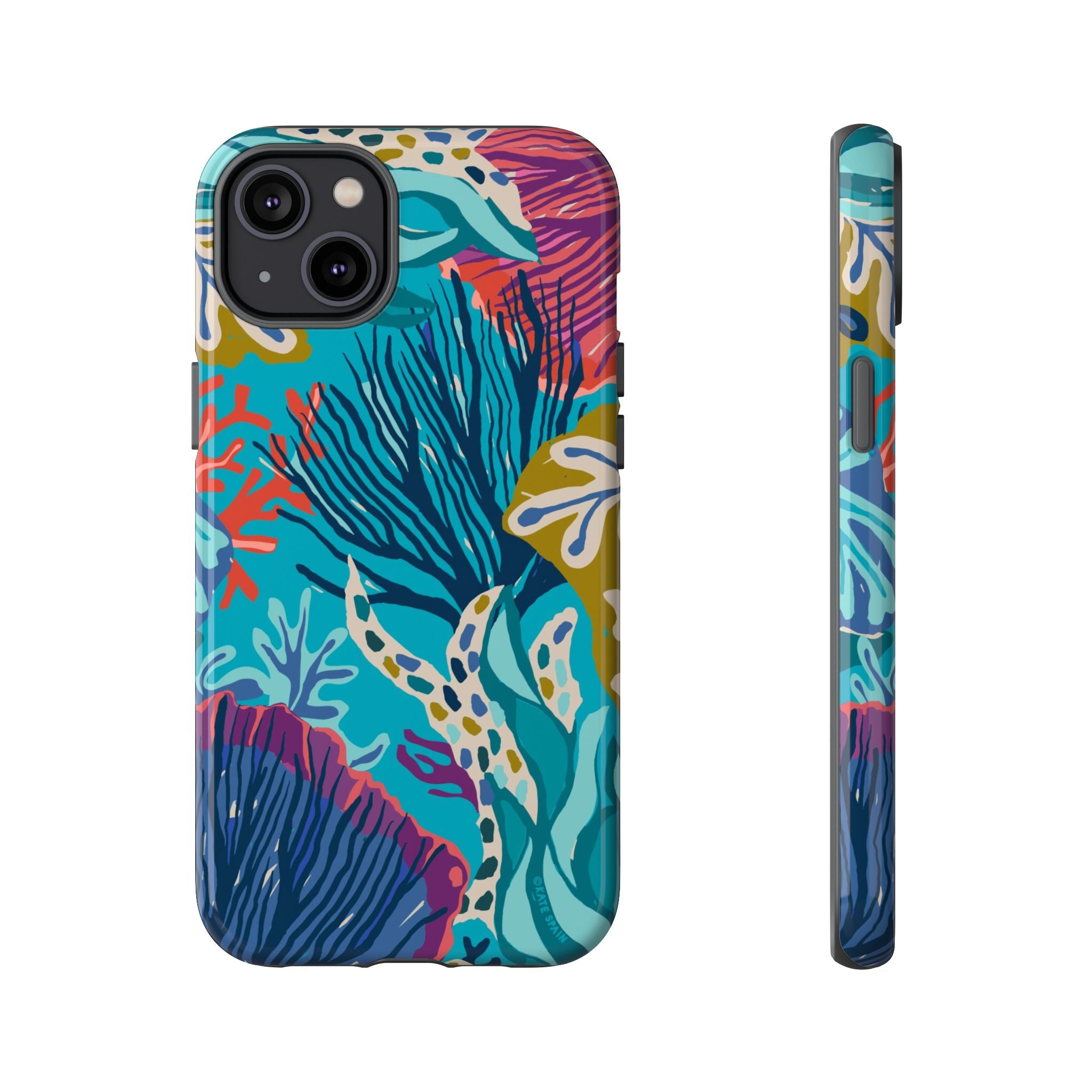 Reef Tough iPhone 14 Plus Case – Glossy | teal, coral, navy, purple botanical coral reef print