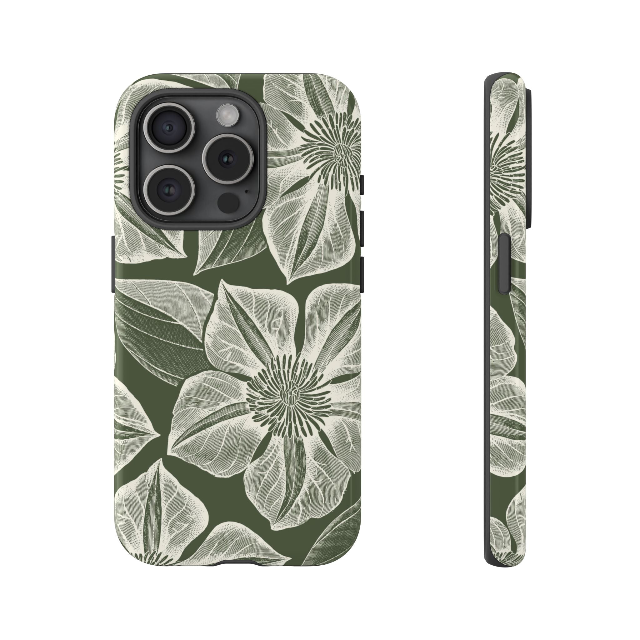 Vintage Bloom Cypress iPhone 15 Pro case – Glossy | cypress green ground, large-scale white clematis print, engraved petal detail, dual-layer protection