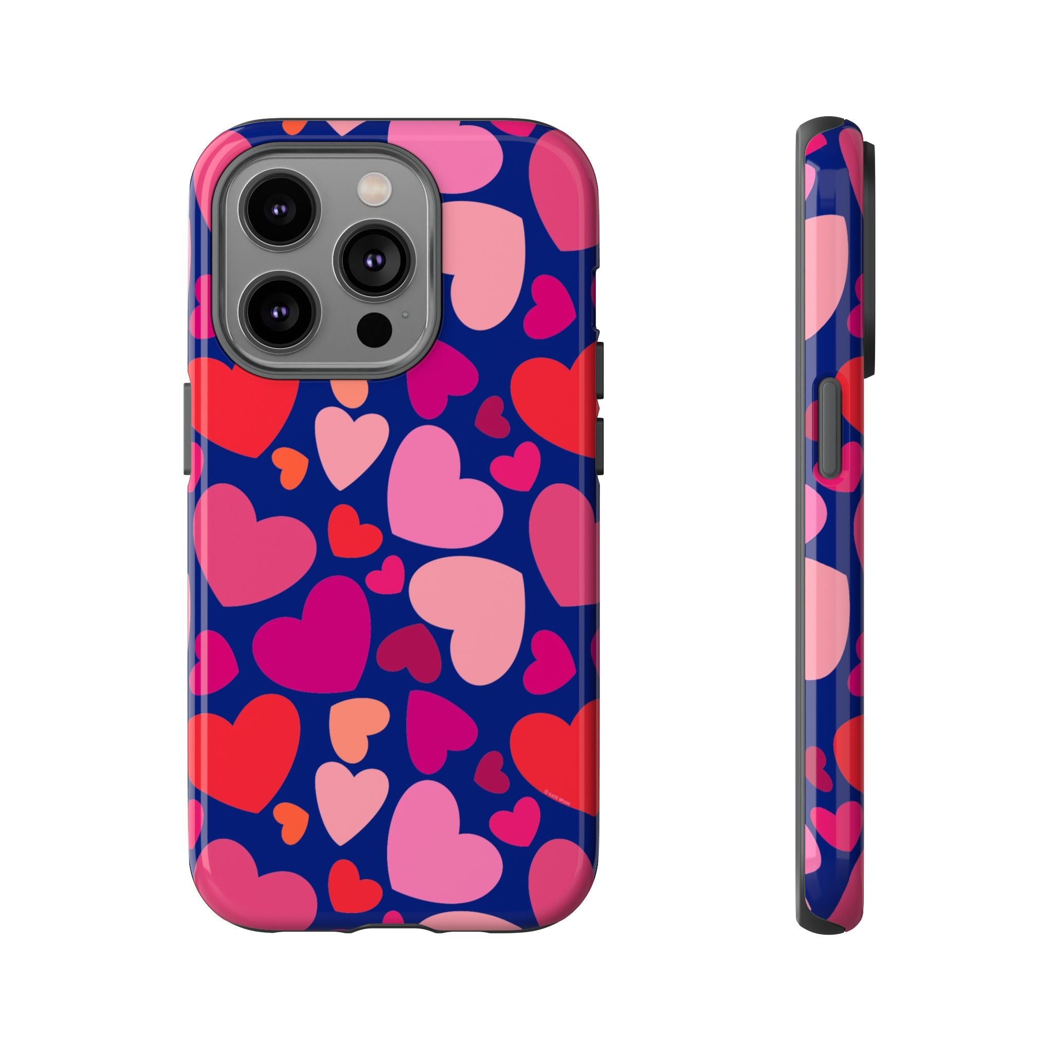 Hearts Tough iPhone 14 Pro Case – Glossy | navy, pink, red, coral scattered heart print