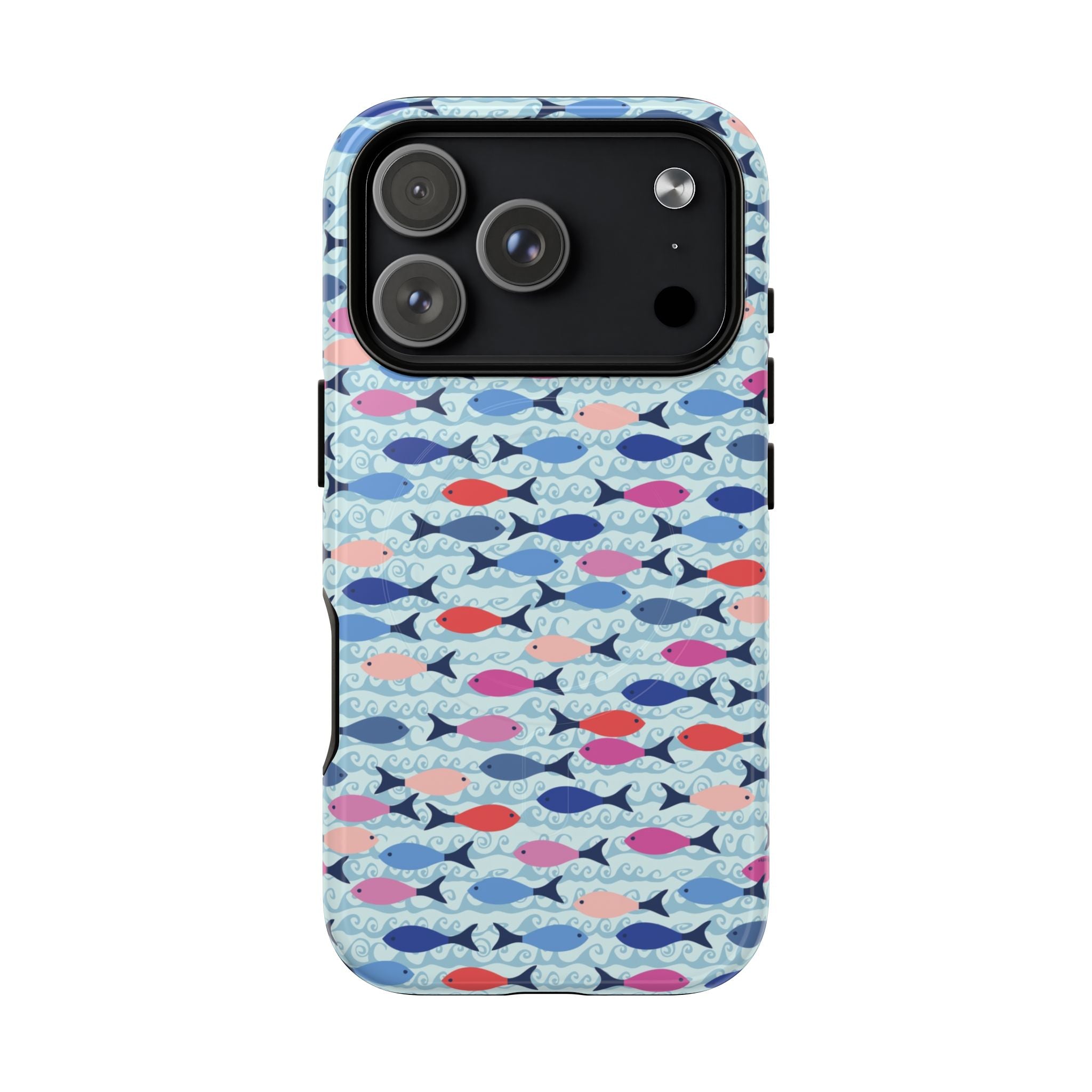 Summer Minnows MagSafe iPhone 17 Pro Case – Glossy | navy, coral, pink, and periwinkle fish on a pale aqua ground