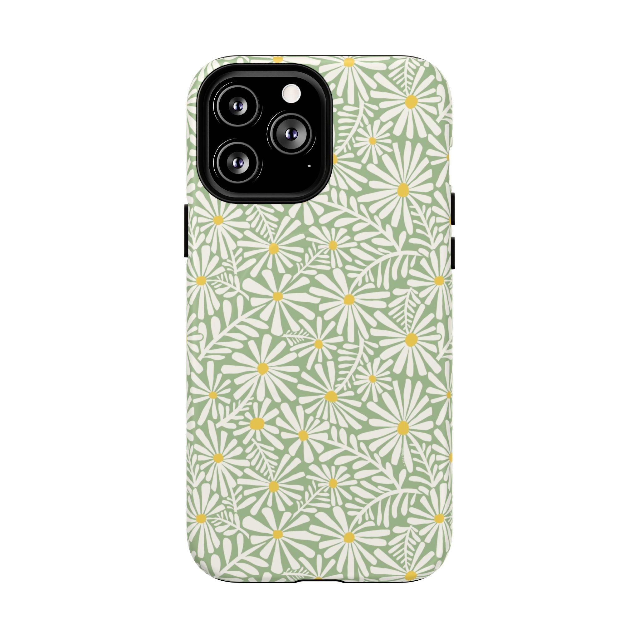 Montauk Daisy Meadow Green MagSafe iPhone 13 Pro Max Case – Matte | sage green, white graphic daisy and fern print, golden yellow centers MagSafe compatible, dual-layer protection