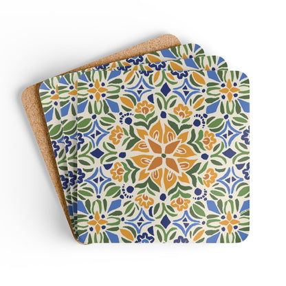 Set of three coasters with a colorful floral pattern on a white background