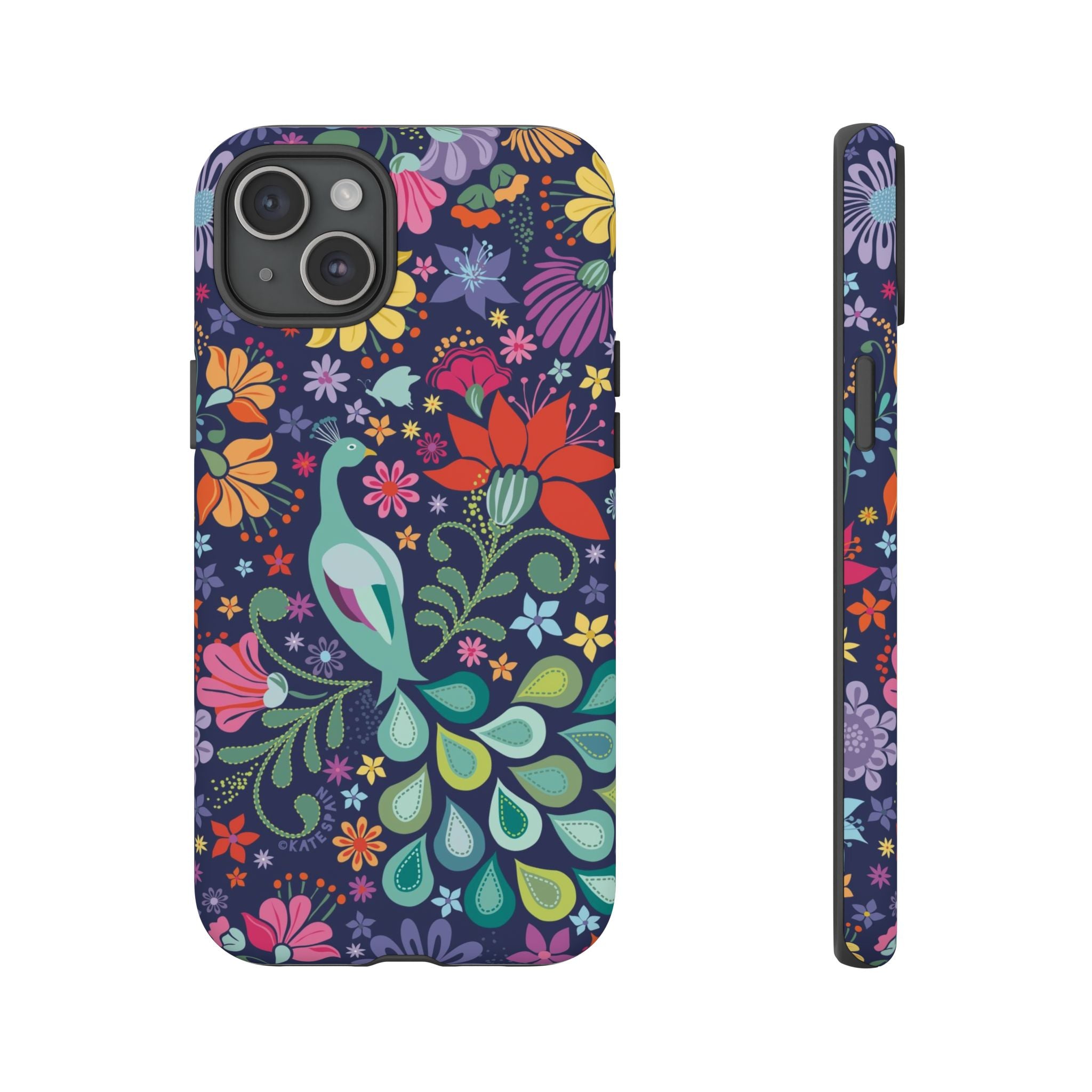 Peacock Sanctuary Tough iPhone 15 Plus Case – Matte | navy, teal, coral multicolor vibrant peacock feather botanical print