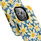 Shasta Daisy MagSafe iPhone 16 Pro Max Case – Glossy | blue, cream, yellow daisy floral print | angled view closeup of camera cutout and buttons