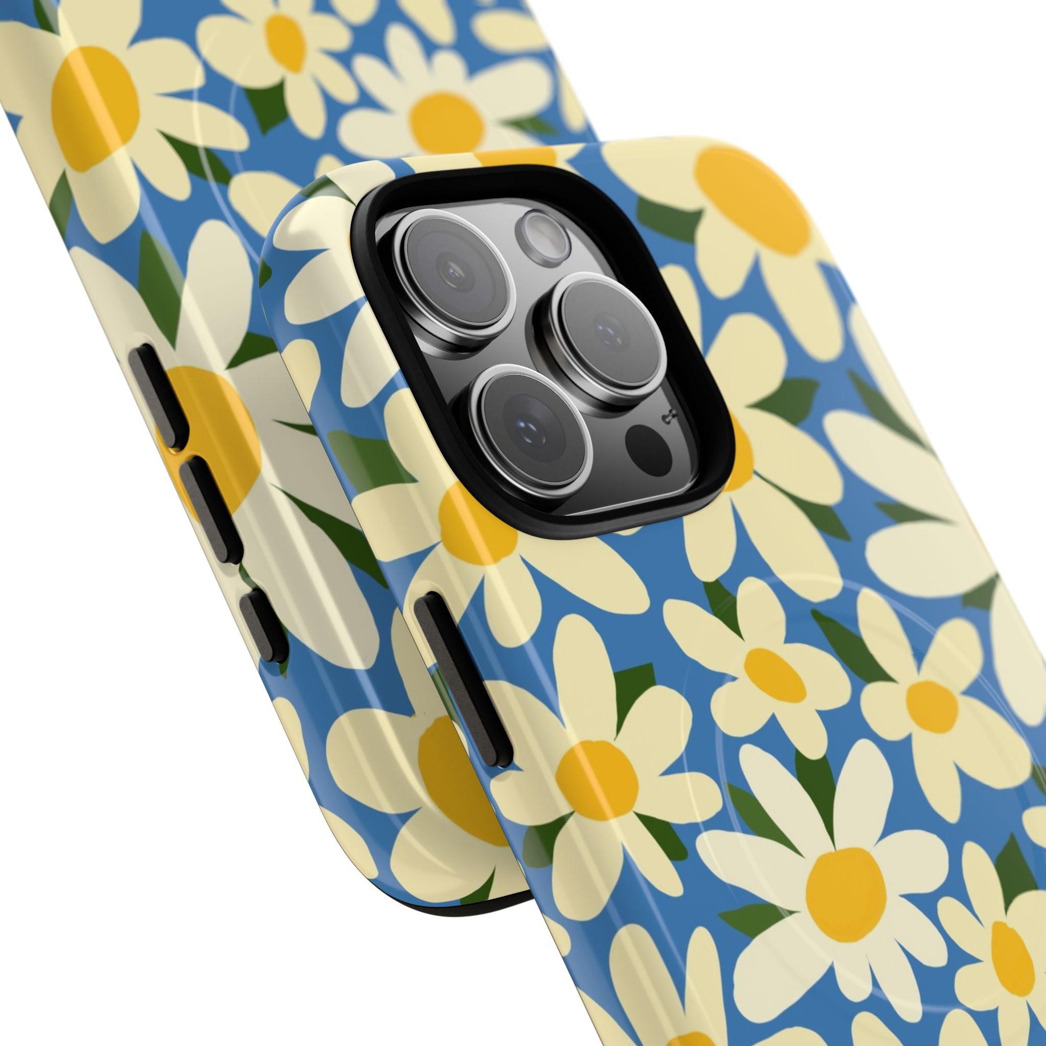 Shasta Daisy MagSafe iPhone 16 Pro Max Case – Glossy | blue, cream, yellow daisy floral print | angled view closeup of camera cutout and buttons