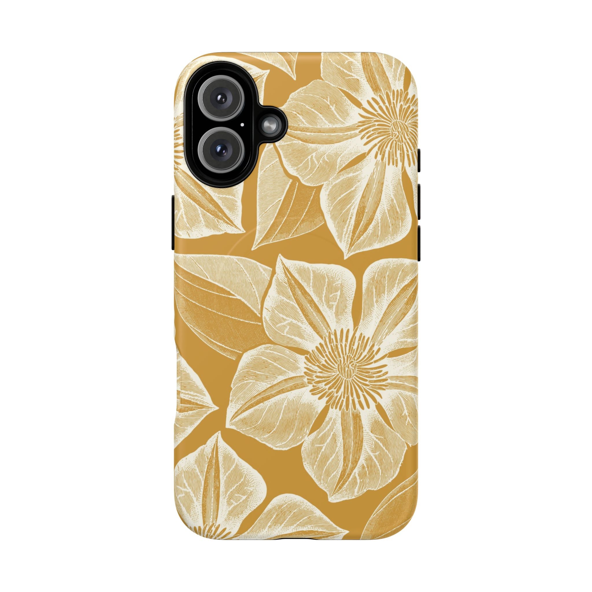 Vintage Bloom Gold MagSafe iPhone 16 Plus Case – Matte | warm gold ground, large-scale cream clematis print, engraved petal detail, dual-layer protection