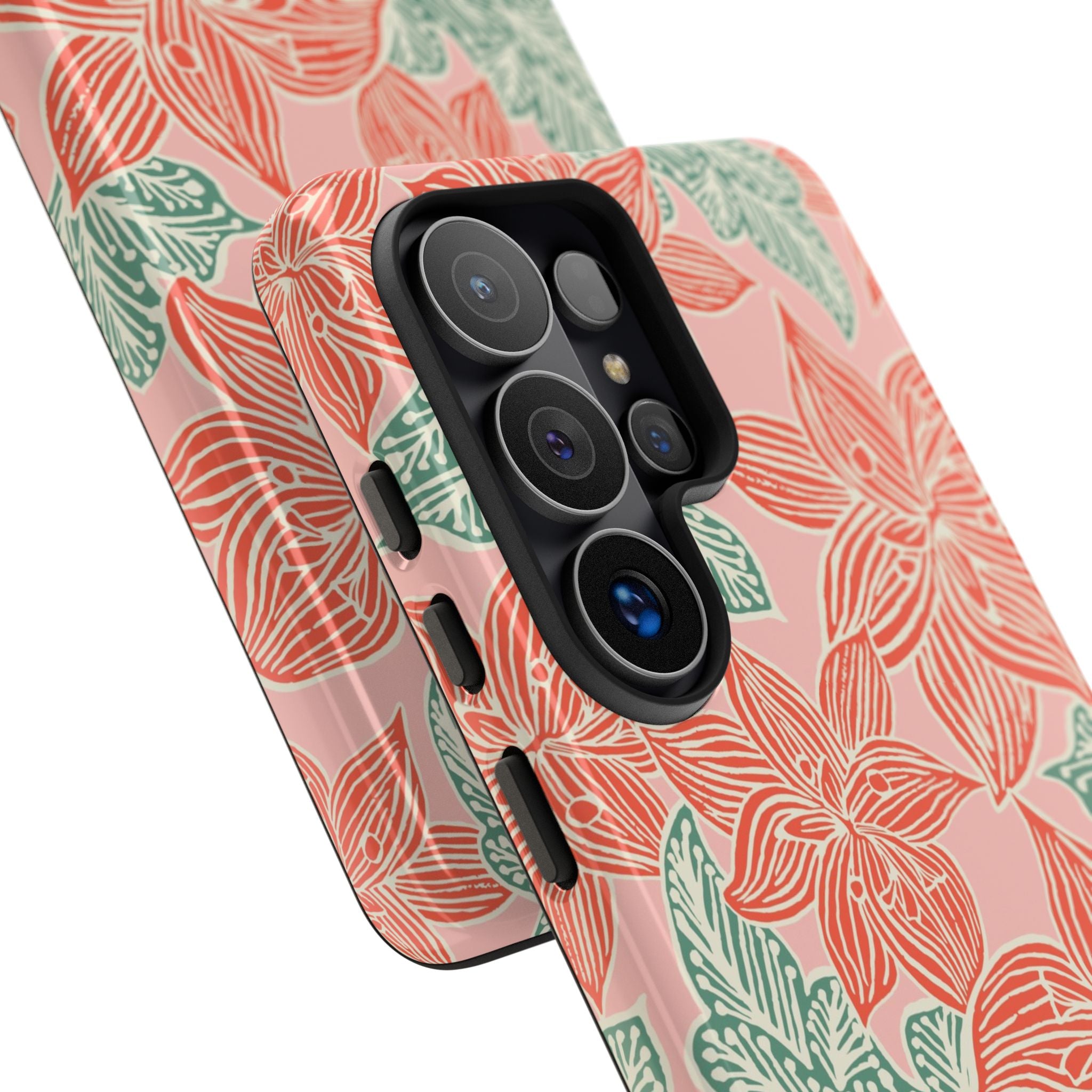 Hibiscus Coral Samsung Galaxy S26 Ultra Glossy Case — dual-layer construction detail showing ports, camera cutout, and buttons; coral red hibiscus and teal-green leaves botanical print