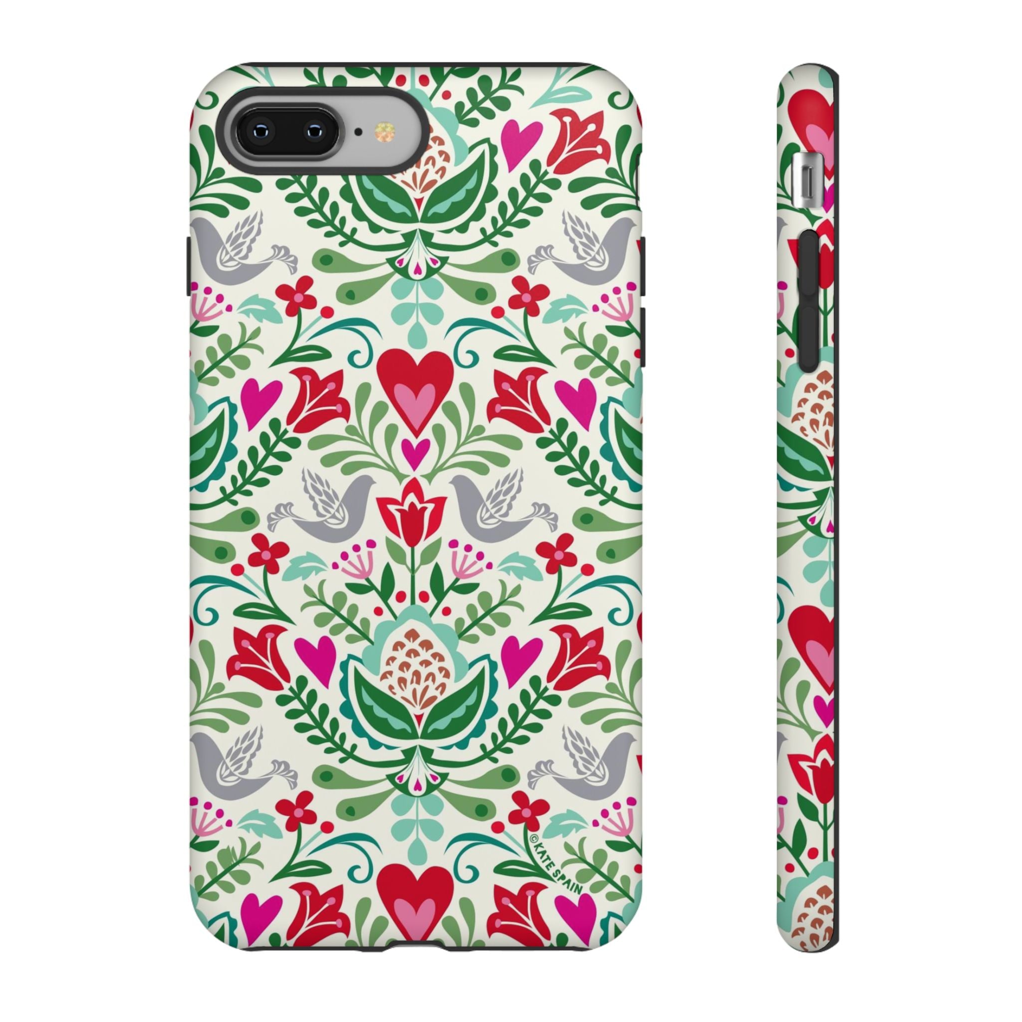 Rosemaling Tough iPhone 8 Plus Case – Matte | cream, red, pink, green, gray folk art floral bird print