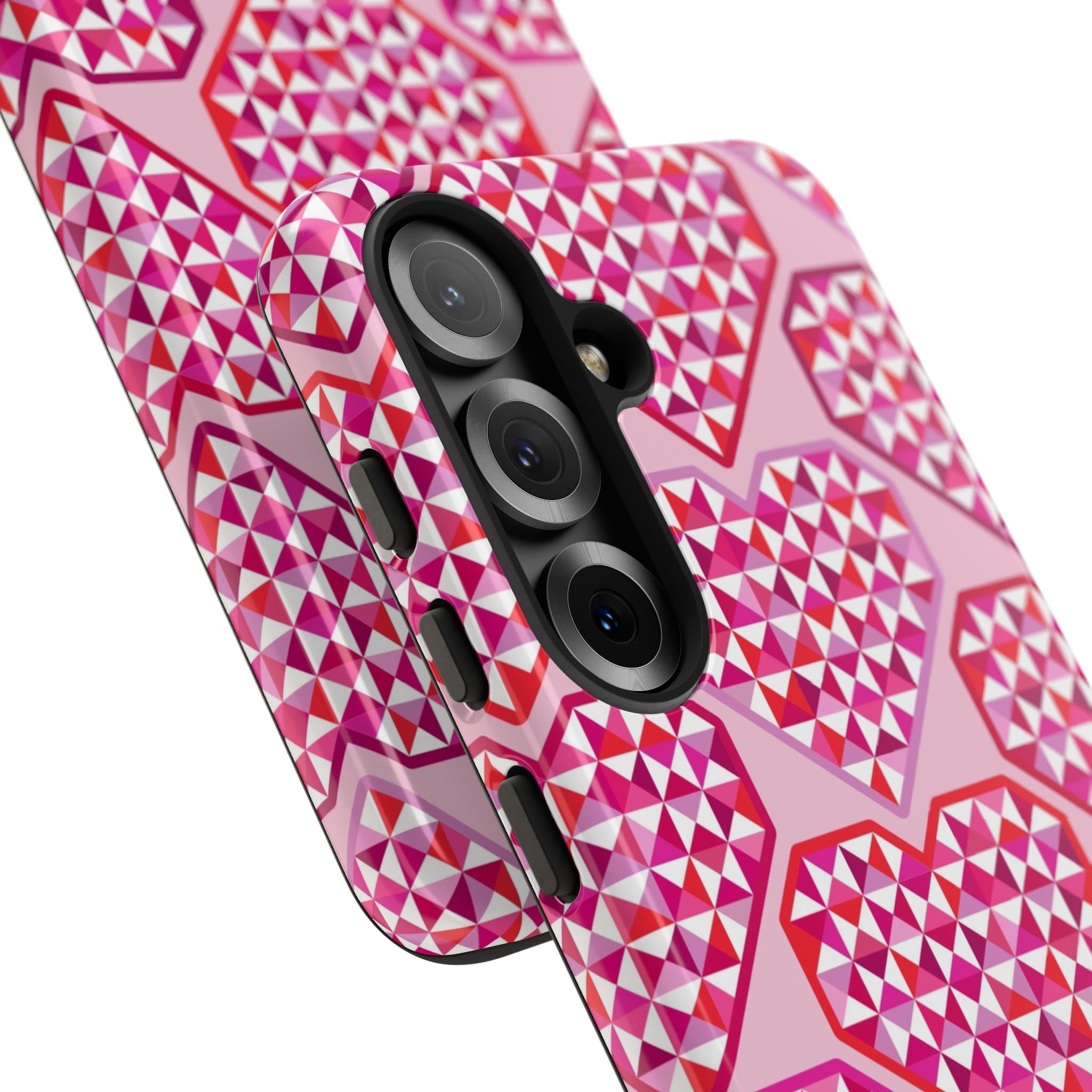 Pink Pyramid Heart Samsung Galaxy S25 Case – view detail of camera cutout in case