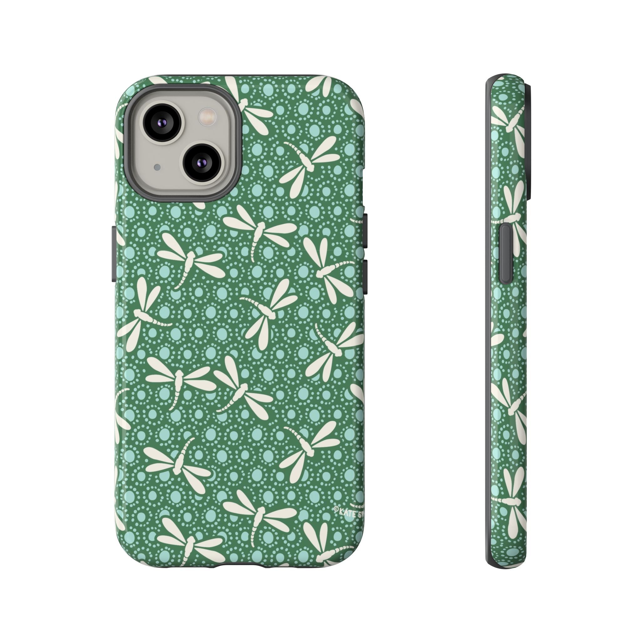Designer Dragonfly Tough iPhone 14 Case – Glossy | jade green, aqua, cream dragonfly print