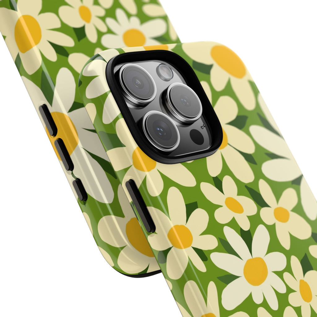 Shasta Daisy Tough iPhone 16 Pro Max Case – lifestyle/angled shot | green, white, yellow daisy floral print