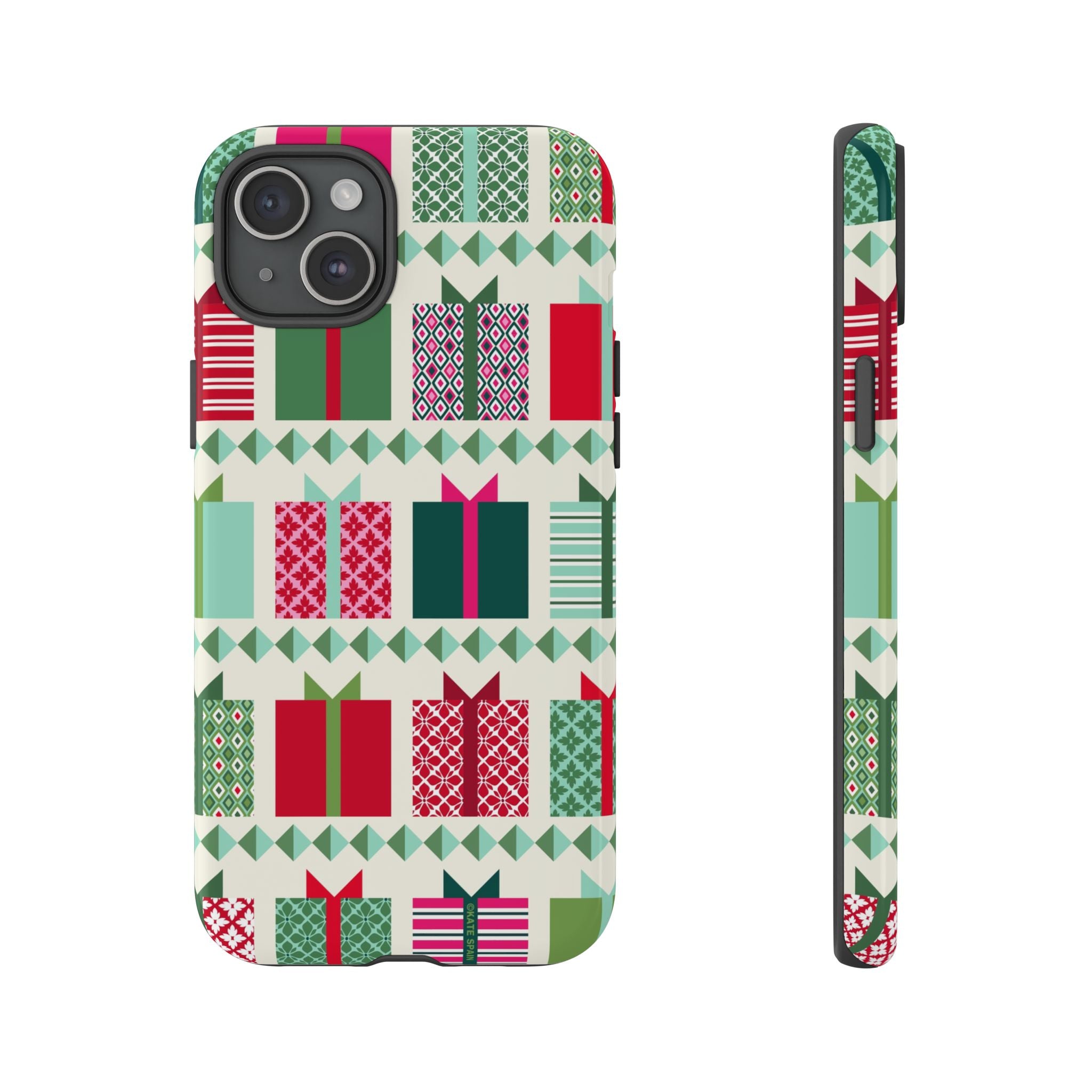 All Wrapped Up Tough iPhone 15 Plus Case – Glossy | cream, red, pink, green, mint geometric gift wrap holiday print