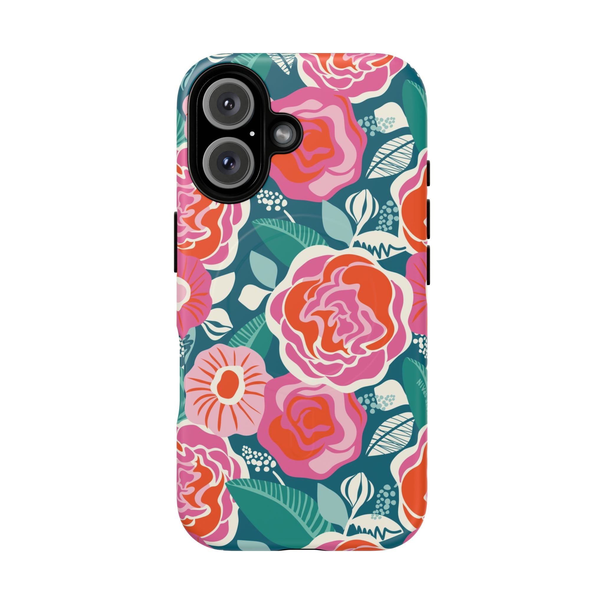 Luxury Tea Rose Teal MagSafe iPhone 16 Case – Matte | teal, coral, pink botanical rose floral print
