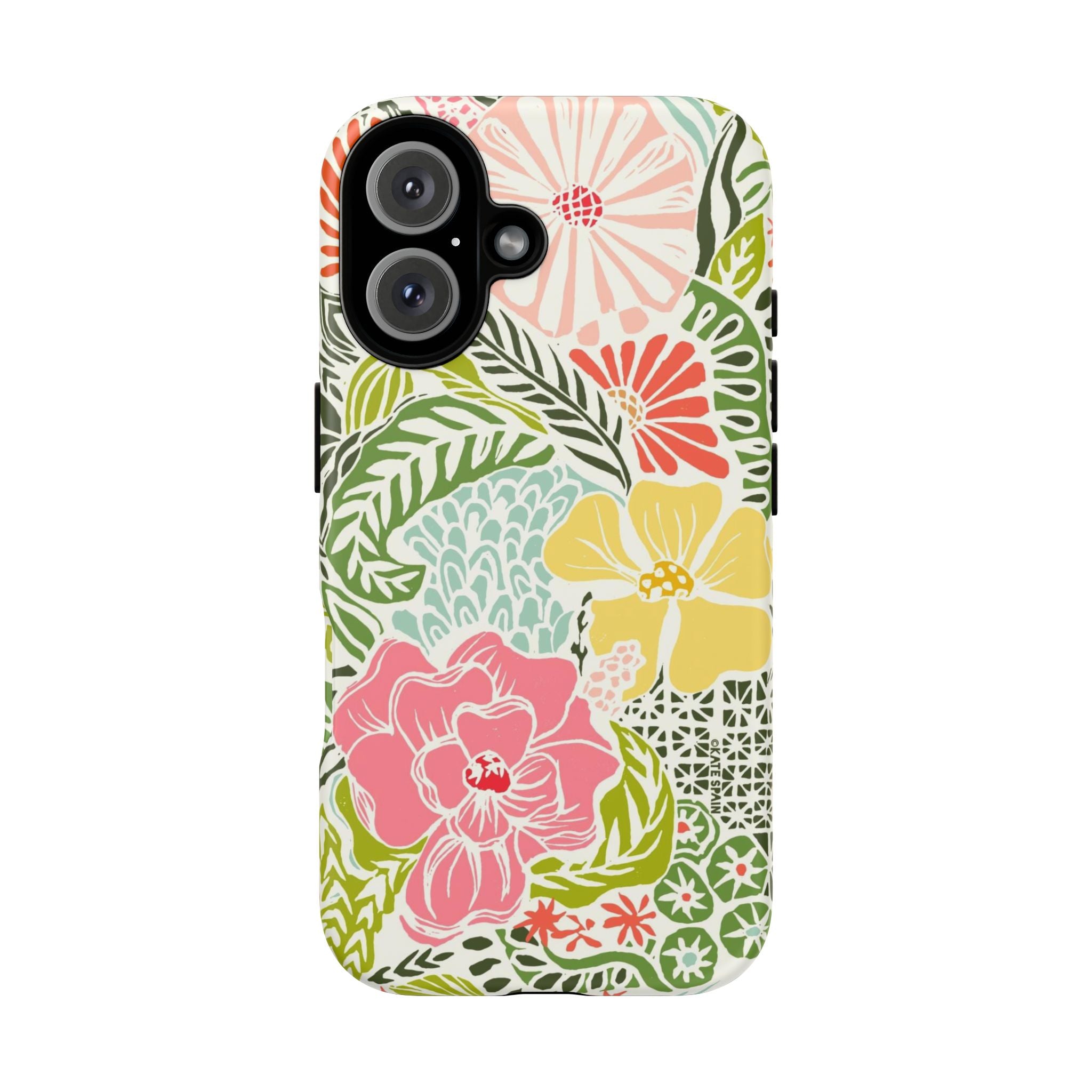 Tropica Tough iPhone 16 Case – Matte | cream, pink, yellow, blue botanical floral print