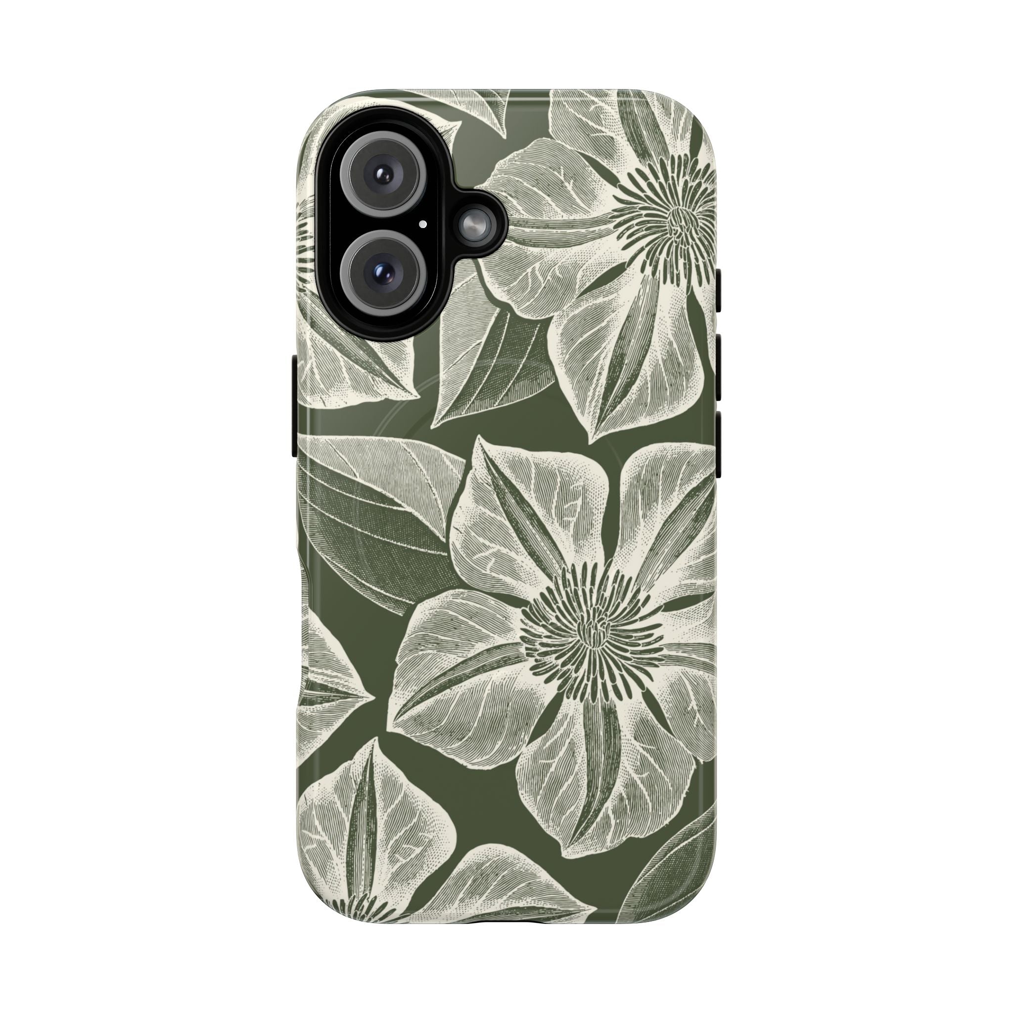 Vintage Bloom Cypress MagSafe iPhone 16 – Glossy | cypress green ground, large-scale white clematis print, engraved petal detail, dual-layer protection