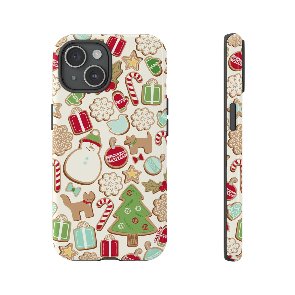 Gingerbread Cookies Tough iPhone 15 Case – Glossy | cream, red, green gingerbread holiday cookie print