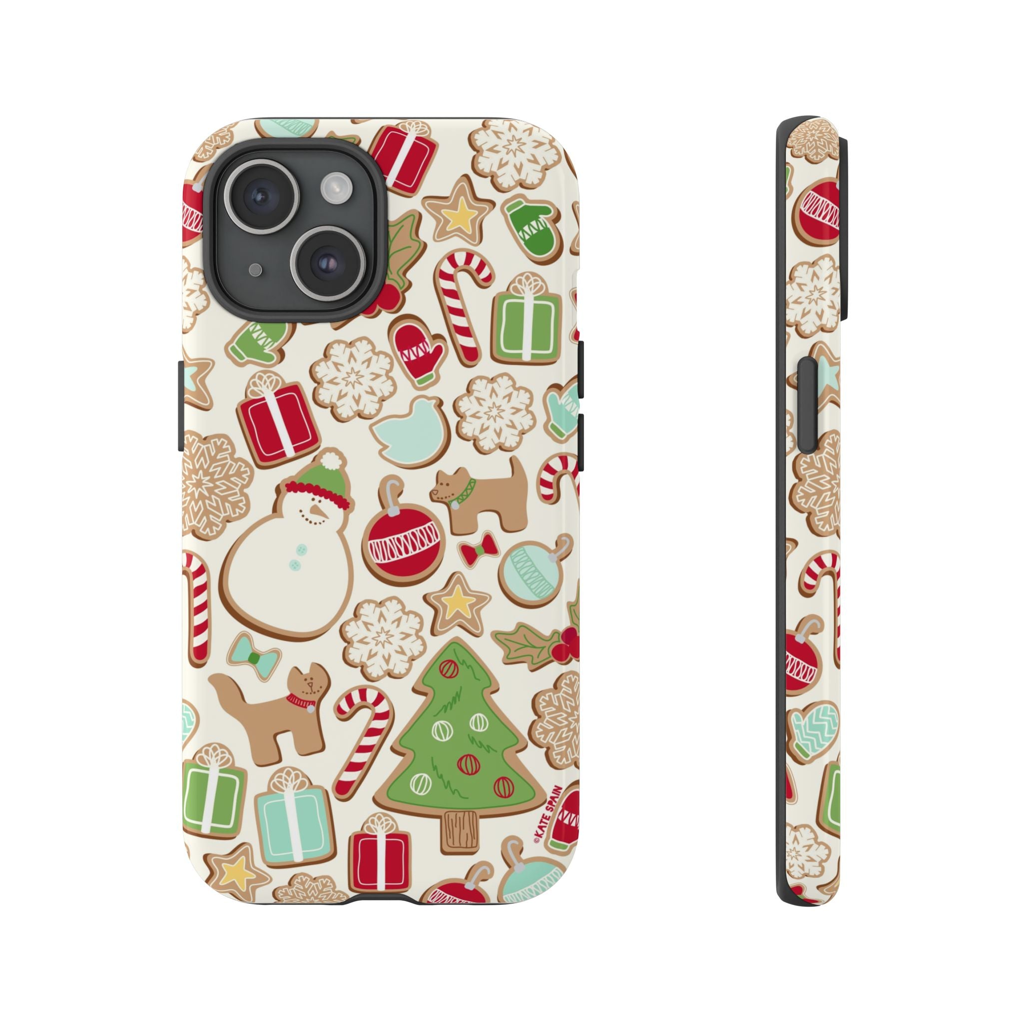 Gingerbread Cookies Tough iPhone 15 Case – Glossy | cream, red, green gingerbread holiday cookie print