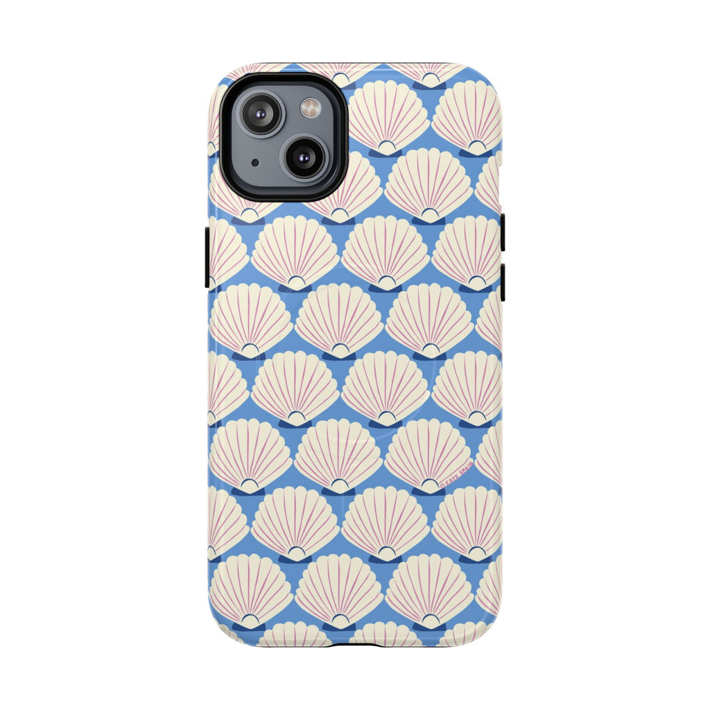 Seashells MagSafe iPhone 14 Plus Case – Glossy | periwinkle, cream, blush scallop shell print