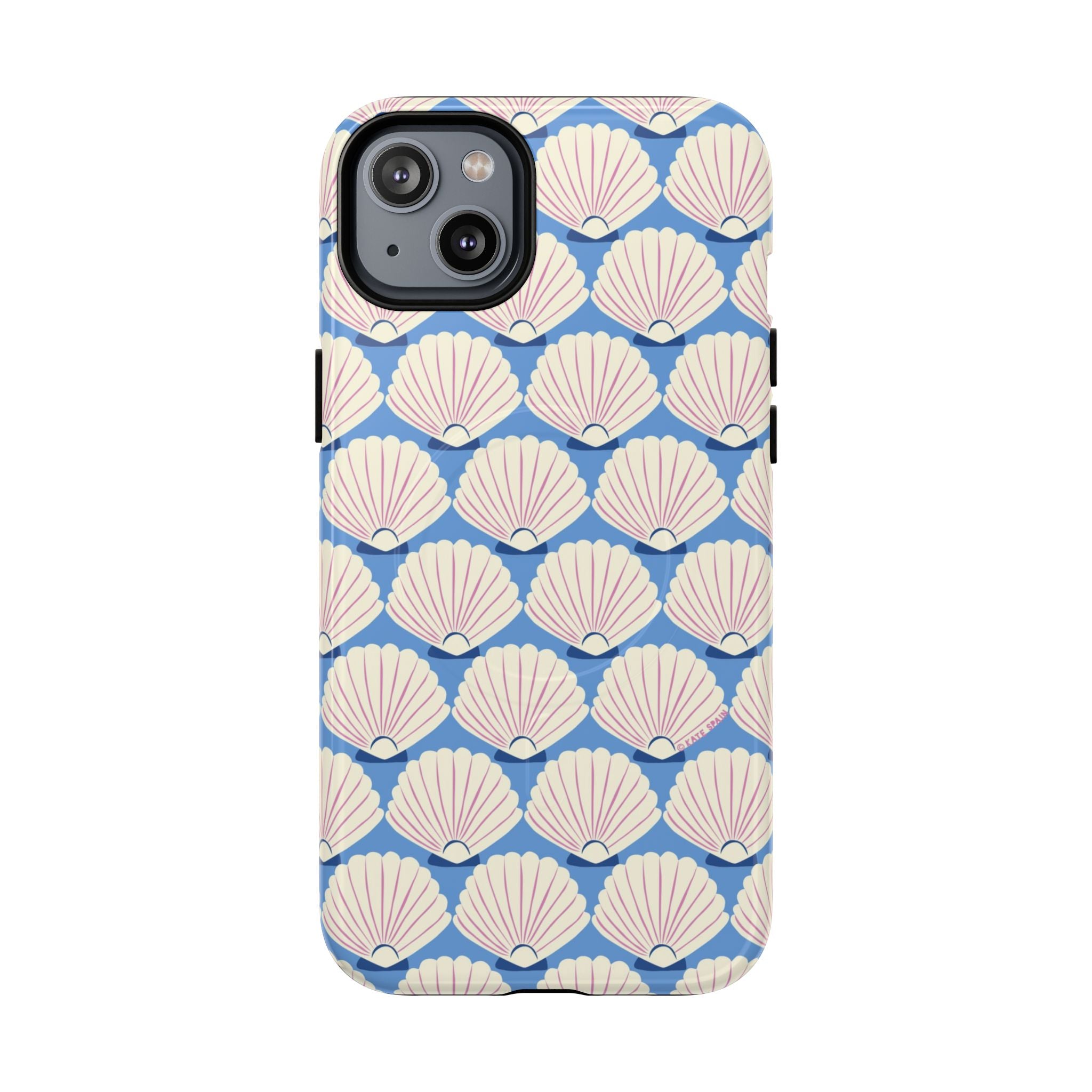 Seashells MagSafe iPhone 14 Plus Case – Glossy | periwinkle, cream, blush scallop shell print