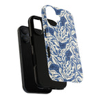 Ocean Tides MagSafe iPhone 17 Case – Dual-layered view of case and inner lining in front of phone, with view of camera cutout and buttons | blue and white tidal bed ocean print