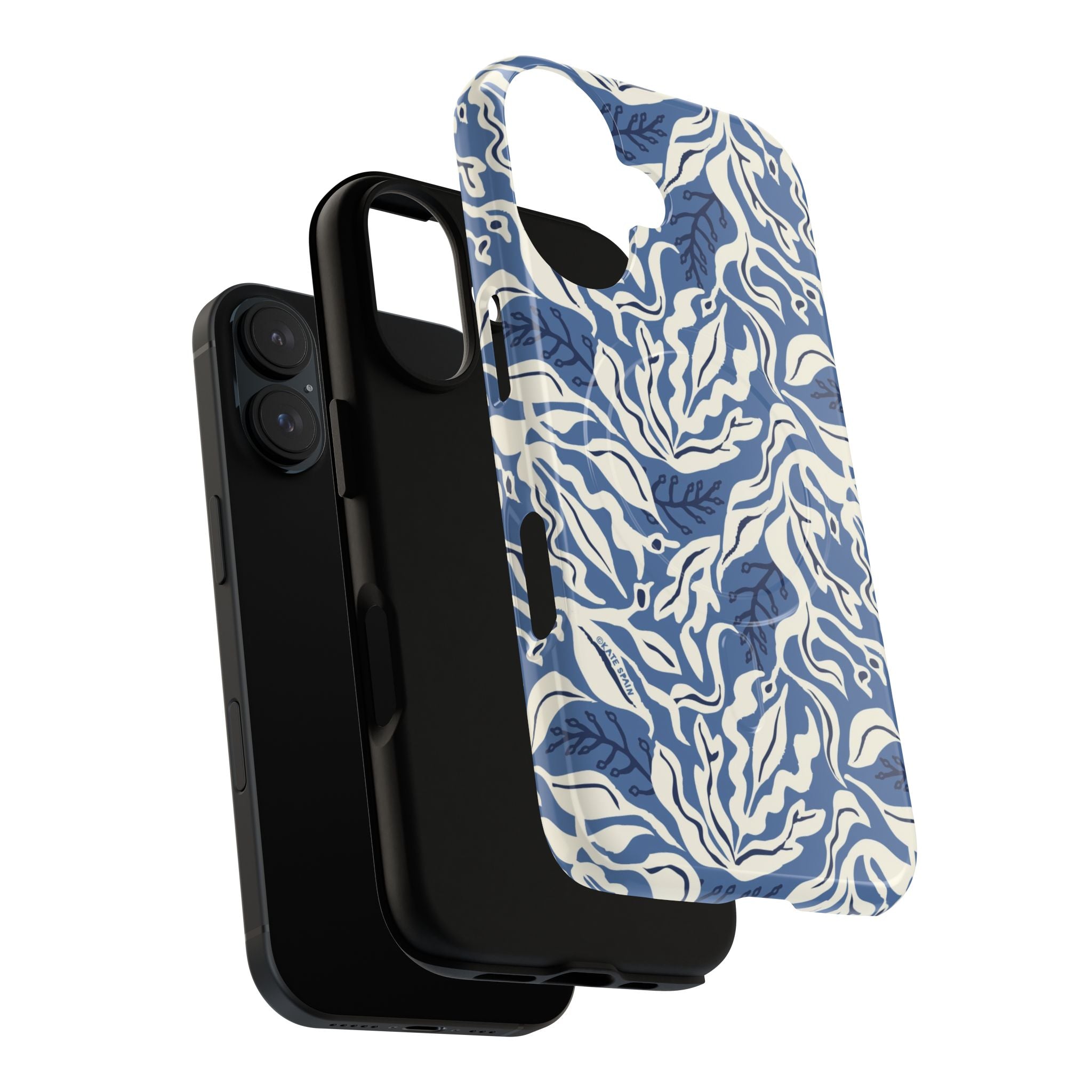 Ocean Tides MagSafe iPhone 17 Case – Dual-layered view of case and inner lining in front of phone, with view of camera cutout and buttons | blue and white tidal bed ocean print