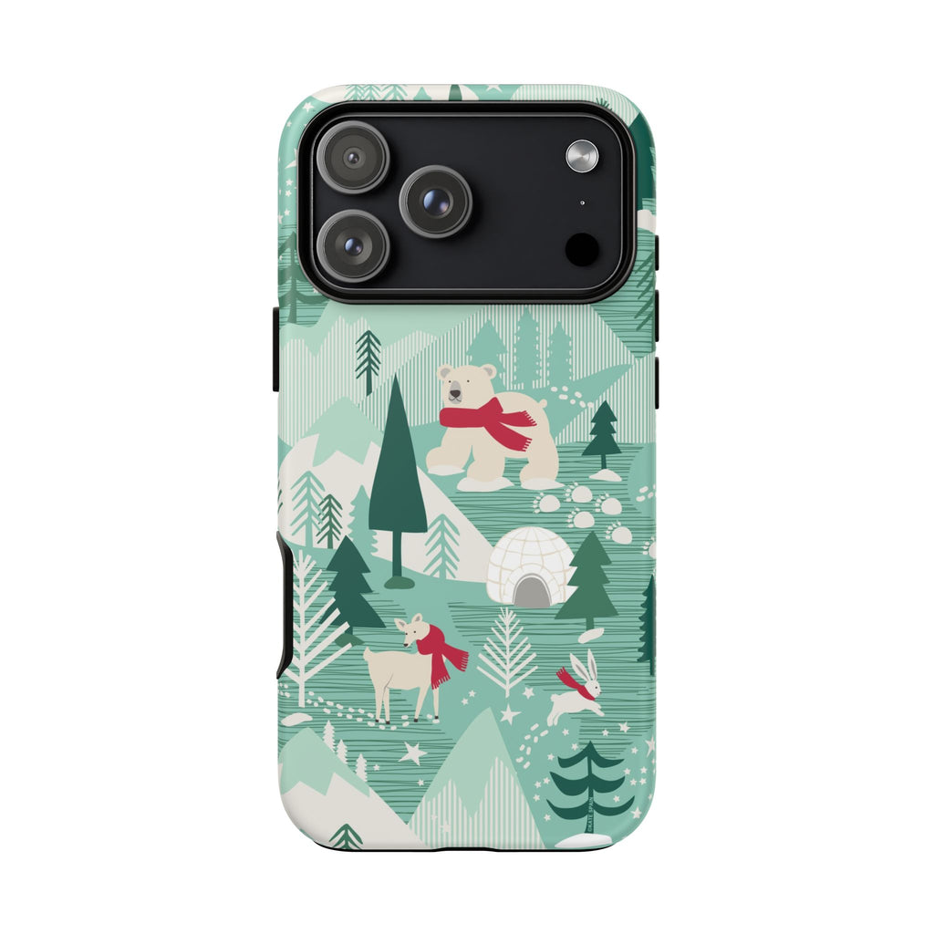 Arctica Winter Tough iPhone 17 Pro Max Case – Matte | aqua, evergreen, white, animal frolic winter wonderland print