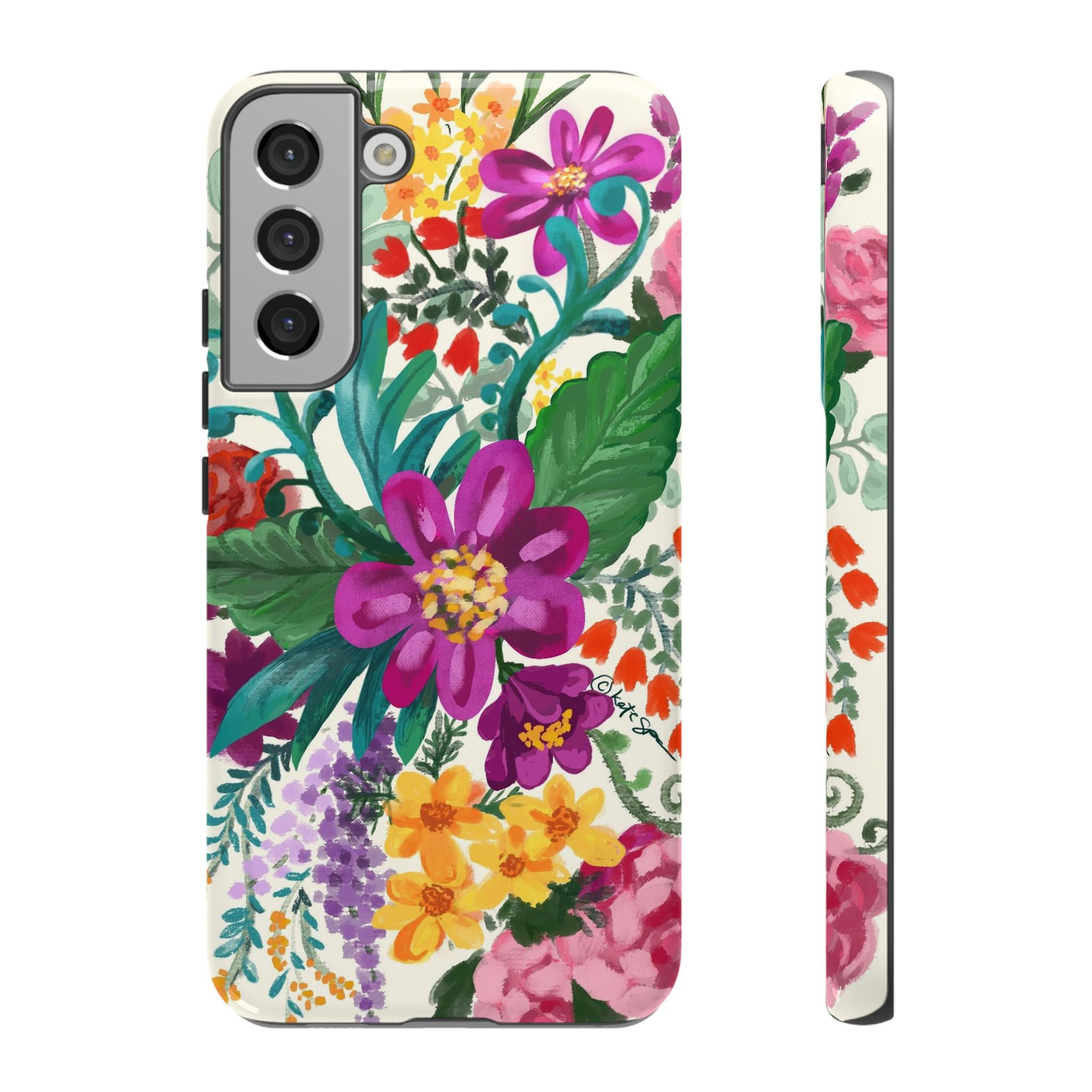 Tropical Posy Samsung Galaxy S22 Plus Case – Glossy | white, magenta, yellow, purple vibrant botanical floral print