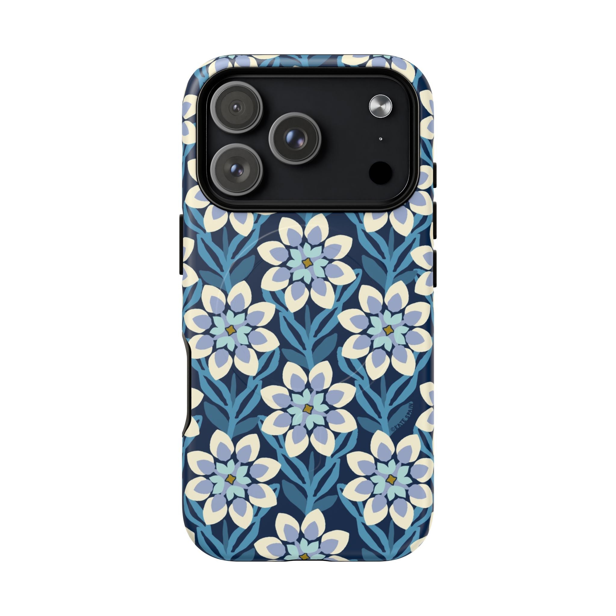 Luxury Modern Dahlia MagSafe iPhone 17 Pro Case – Matte | navy, slate blue, white geometric dahlia tile floral print