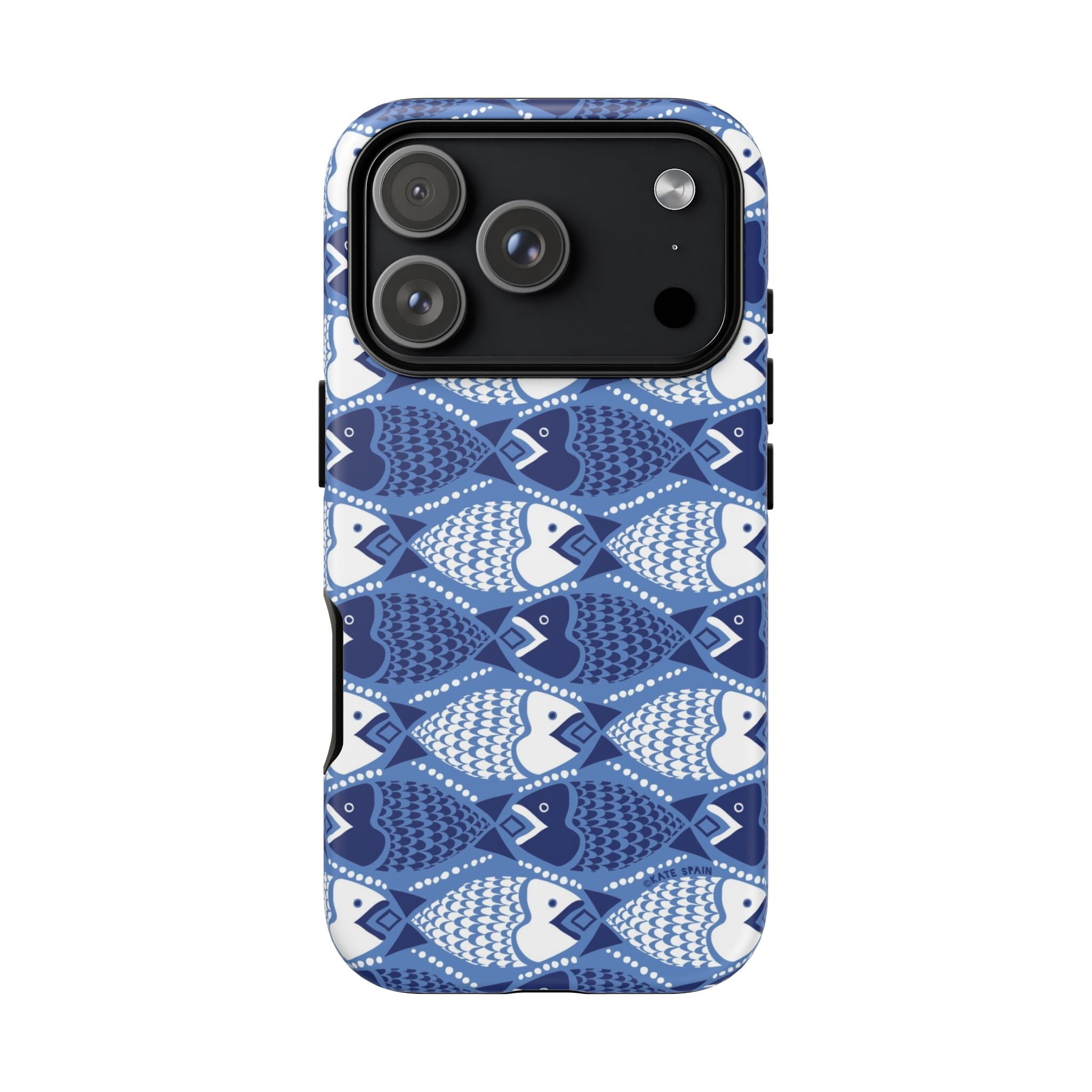 Catch of the Day Tough iPhone 17 Pro Case – Matte | navy, blue, white geometric fish print