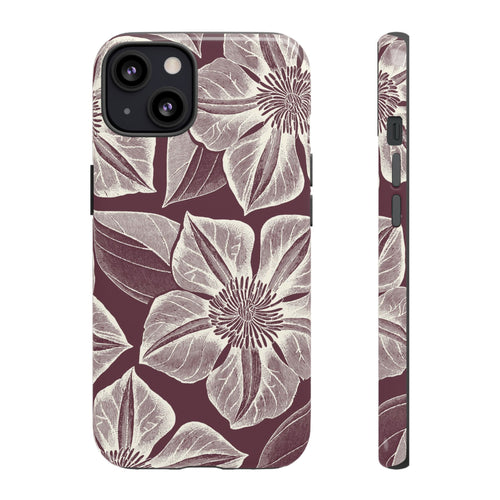Vintage Bloom Burgundy iPhone 13 case – Glossy | burgundy ground, large-scale cream clematis print, engraved petal detail, dual-layer protection